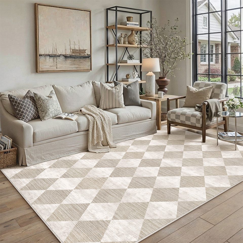PURECOZY Teppich Kurzflor, Moderner karierter Teppich, waschbar und rutschfest, rechteckig, Höhe: 6 mm, geeignet für verschiedene Innenräume