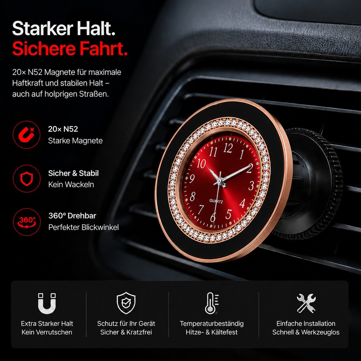 NEXGEN LUXUS HANDY-ZUBEHÖR Smartphone-Halterung Handyhalterung Auto Magnet KFZ Smartphone Halterung mit Uhr NEU, (Deutsche Marke, N52 Magnetkraft, Extra stabile – Bild 4 von 5