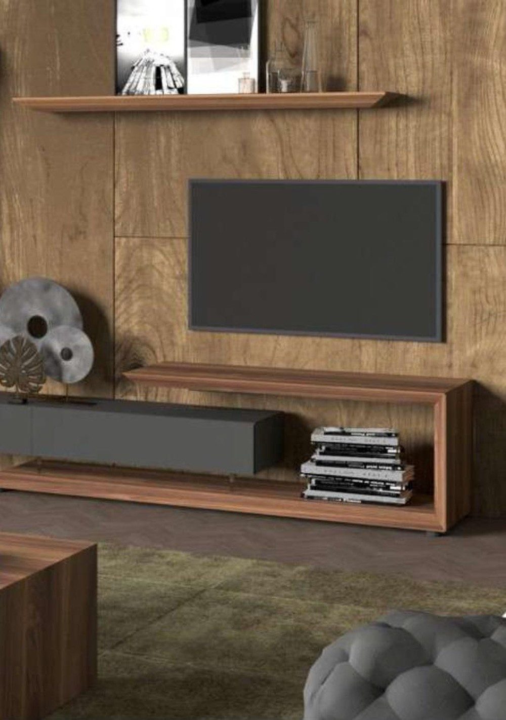 JVmoebel Wohnwand Wandpanel Seitenschrank Walnuss-Natur Anthrazit Matt, (4-St., 2x TV-Ständer, Seitenschrank, Wandregal), Made in Europa
