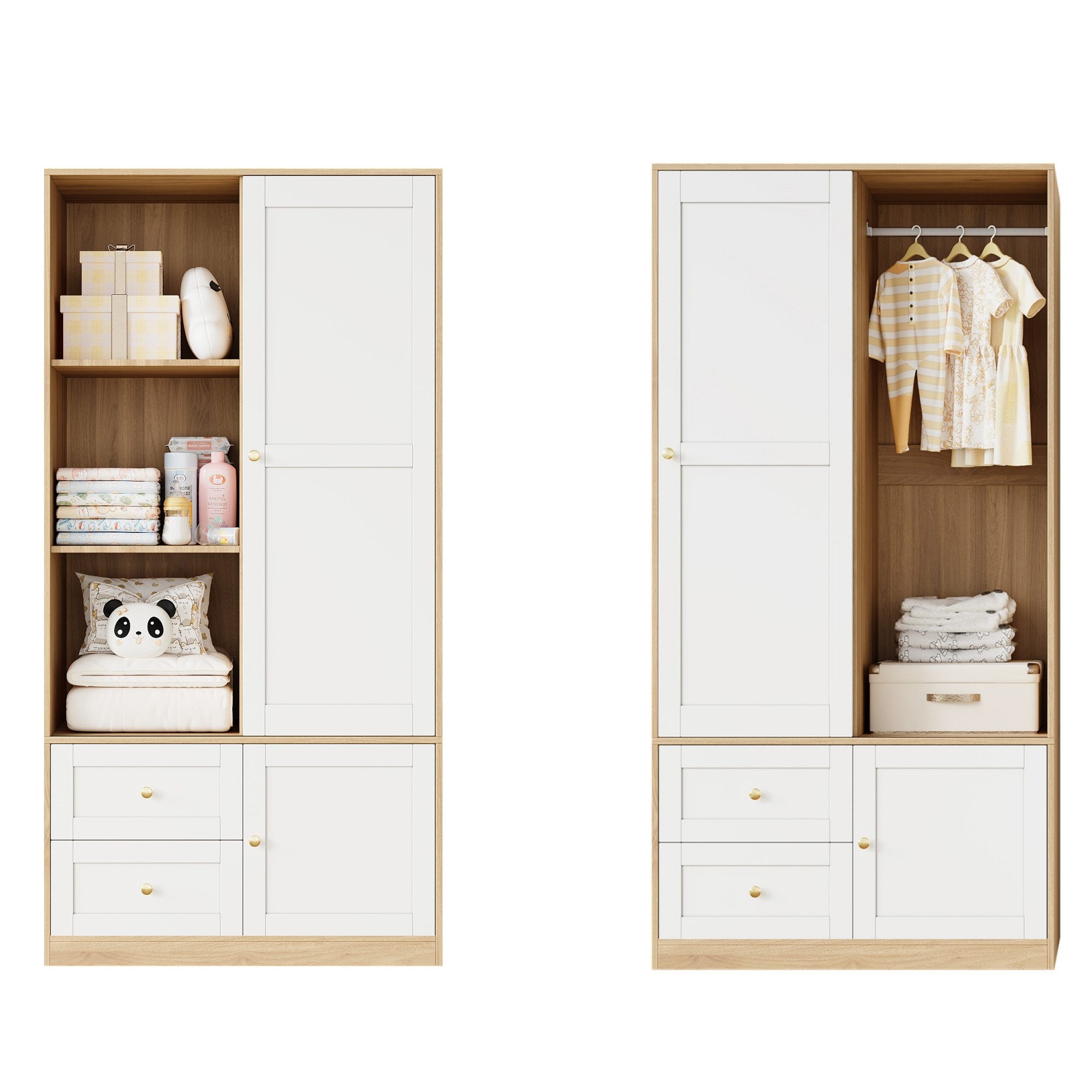 Ulife Babyzimmer-Komplettset Babymöbel, Kleiderschrank mit Schiebetüren, (1-tlg., Kleiderschrank), Schiebetürenschrank mit 2 Schubladen, Weiß‑Holzoptik, 90 × 50 × 180 cm