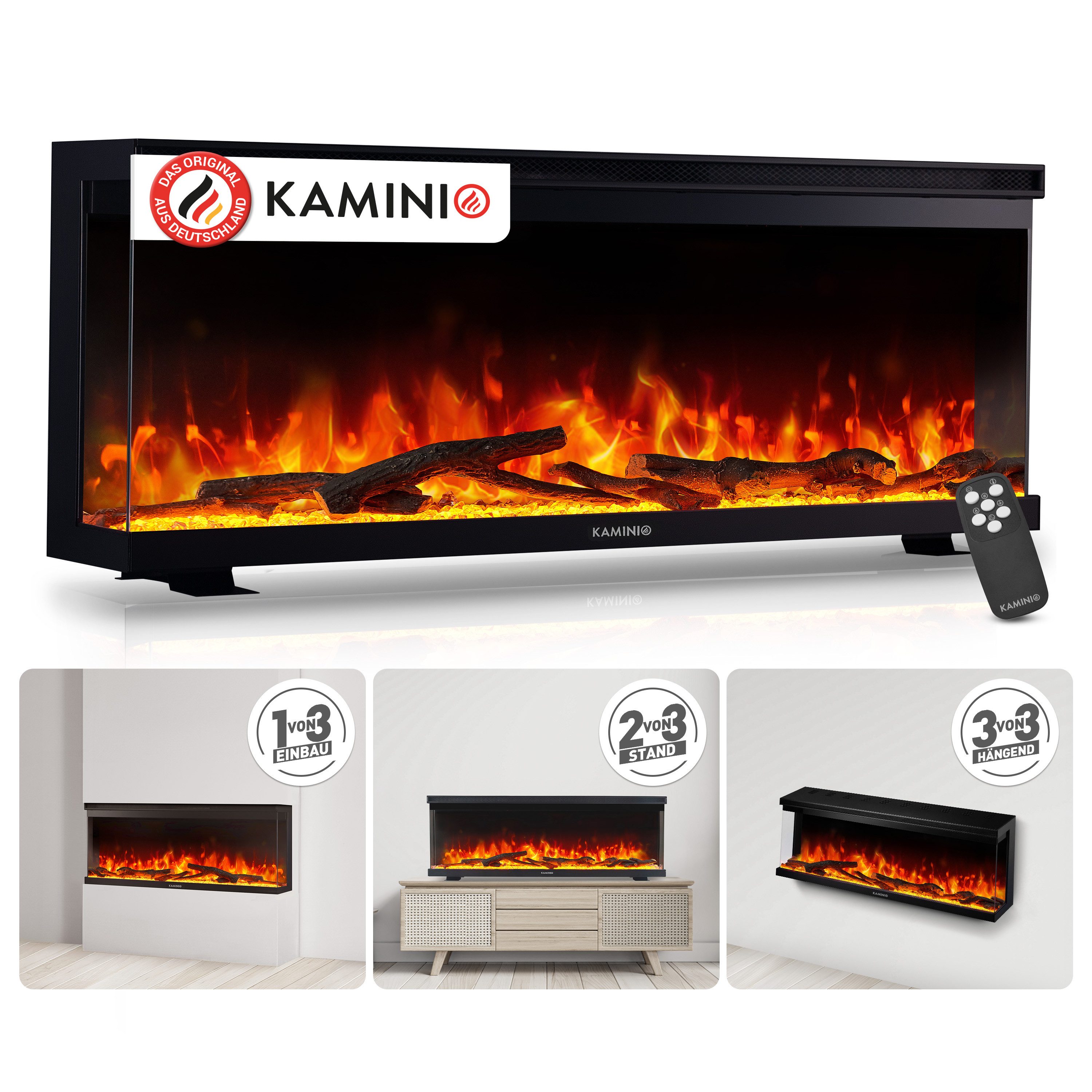 KAMINIO Elektrokamin LEA, 3in1 Kamin: Elektrischer Stand-, Wand- und Einbaukamin, Panoramaview