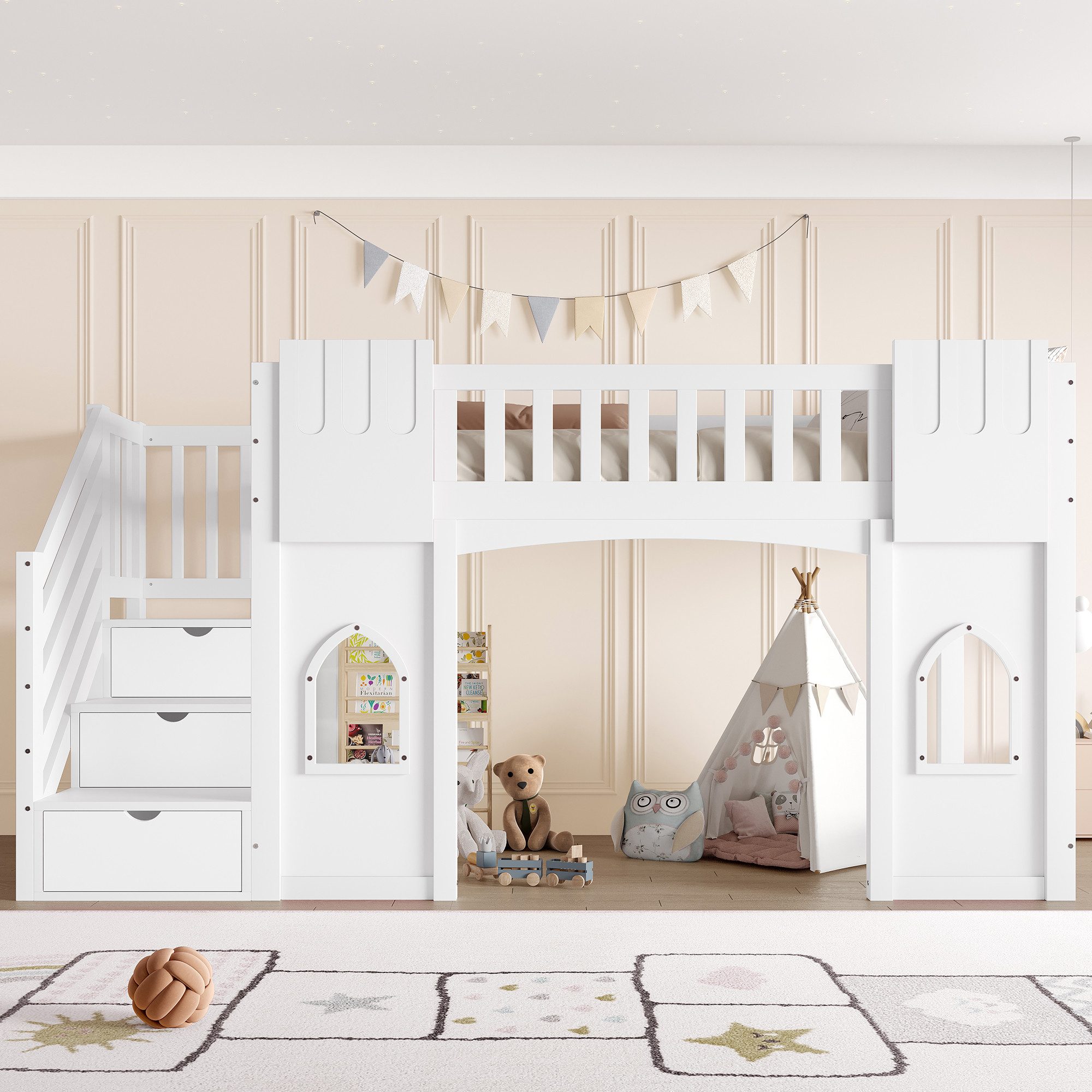 Merax Hochbett (Jugendbett Einzelbett, 1-St., Hausbett) Massivholz Kinderbett 90x200cm mit Stauraumtreppe Fenstern & Geländer
