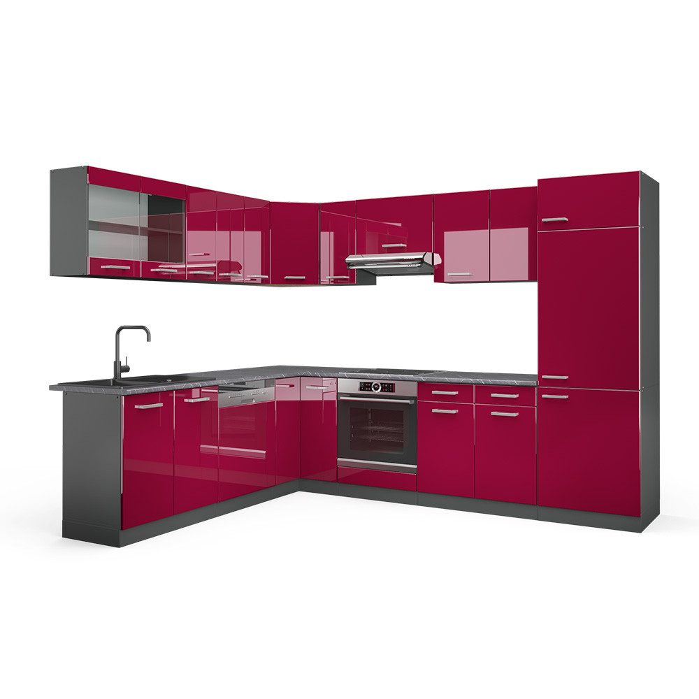 Vicco Winkelküche R-Line, Rot Hochglanz/Anthrazit, 287 x 227 cm, AP Anthrazit