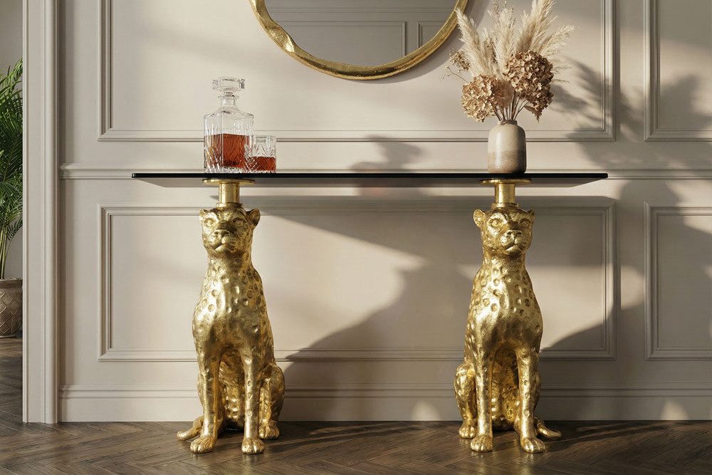 riess-ambiente Konsolentisch PANTHER 115cm gold/schwarz - Metall, Marmor, handmade, Deko-Skulptur (Einzelartikel, 1-St), Designer-Konsole mit Tier-Figuren – ideal für Flur oder Wohnzimmer