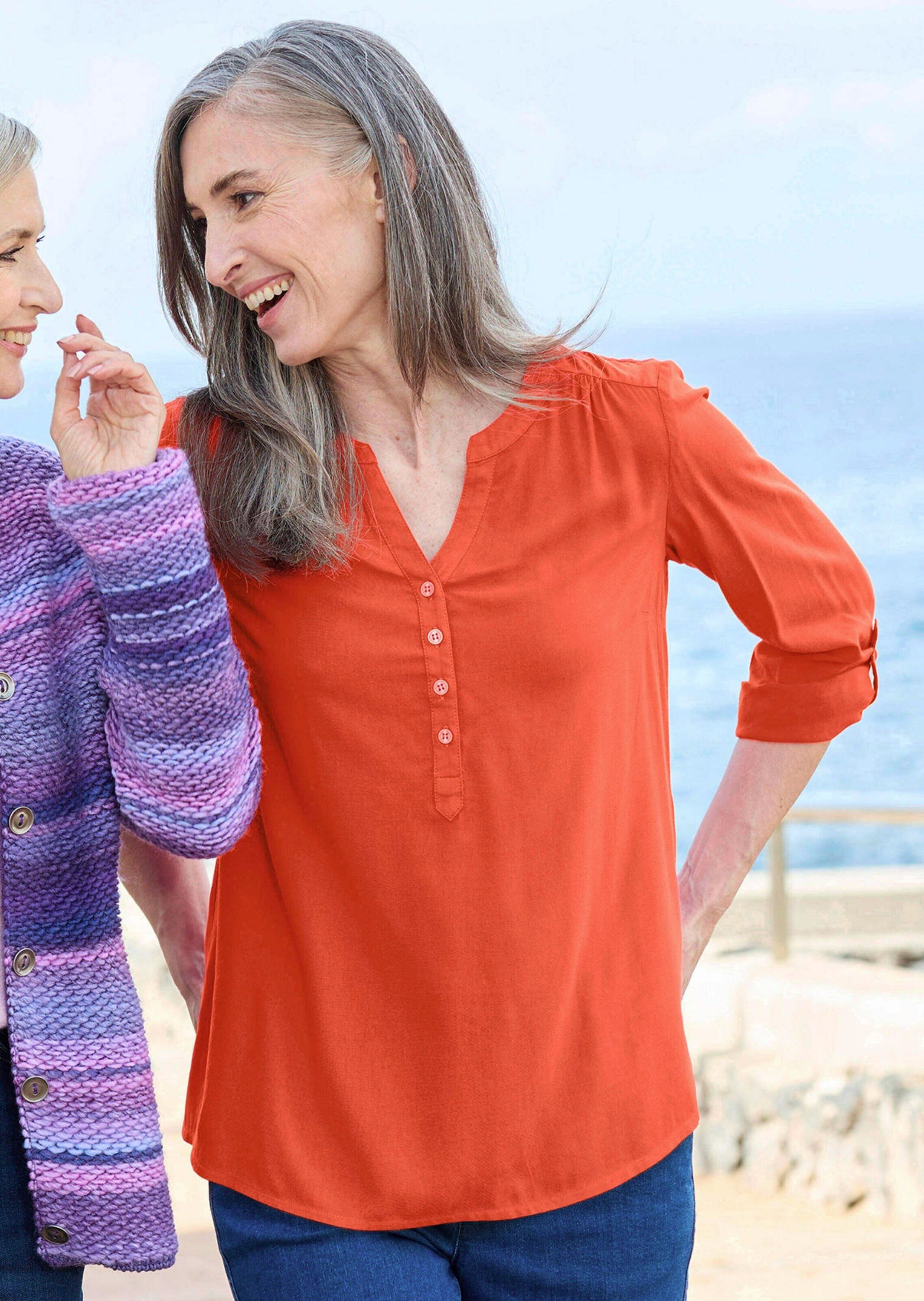 GOLDNER Schlupfbluse Elegante Viskosebluse mit V-Ausschnitt Luftige Bluse mit Fältchen, Knopfleiste und Langarm