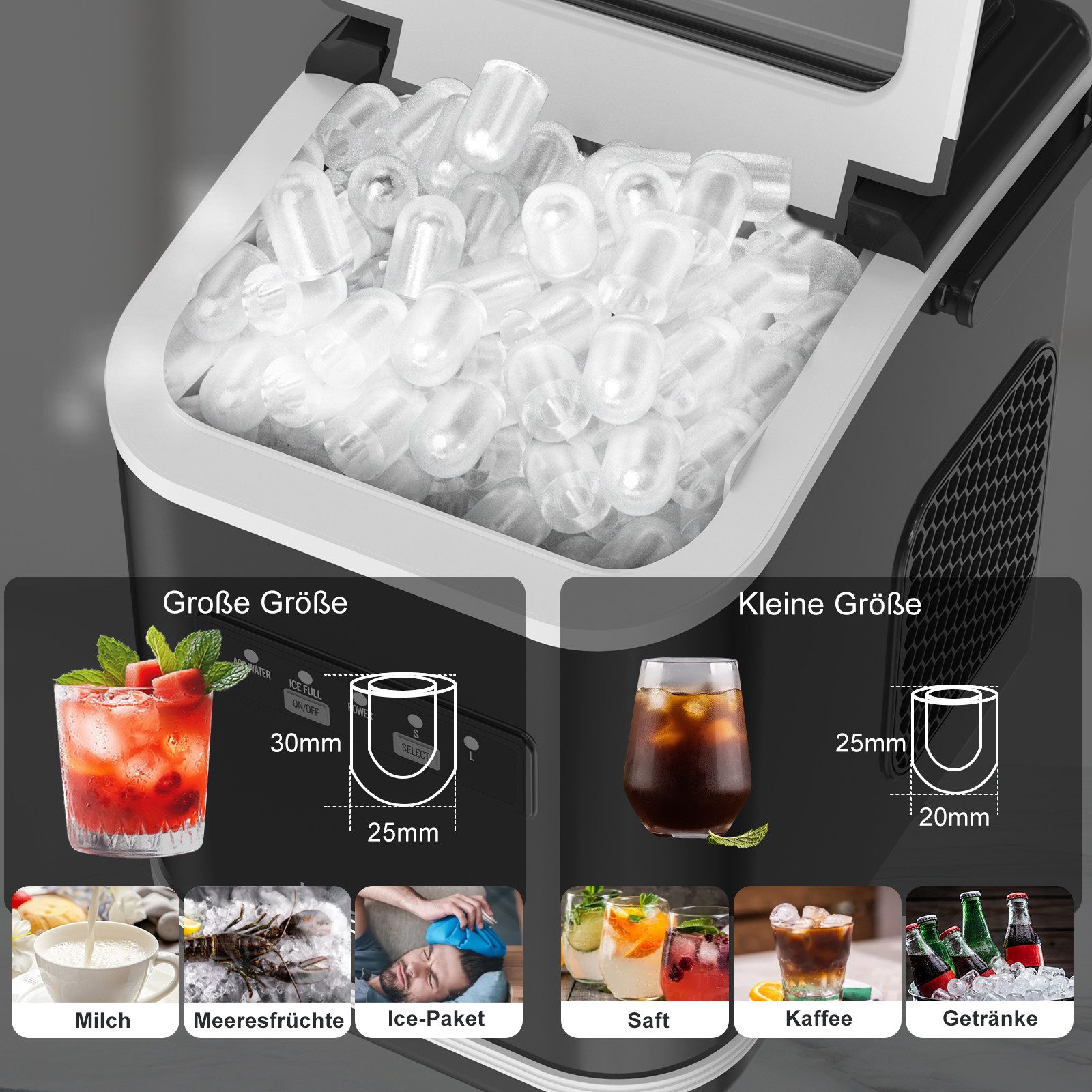 loefme Eiswürfelmaschine Tragbarer, 12kg/24h, 9 Würfel in 6 Min, mit Selbstreinigung, 2 Eisgrößen, Leiser Eiswürfelbereiter mit Tragegriff, 1,4L Tank – Bild 4 von 5