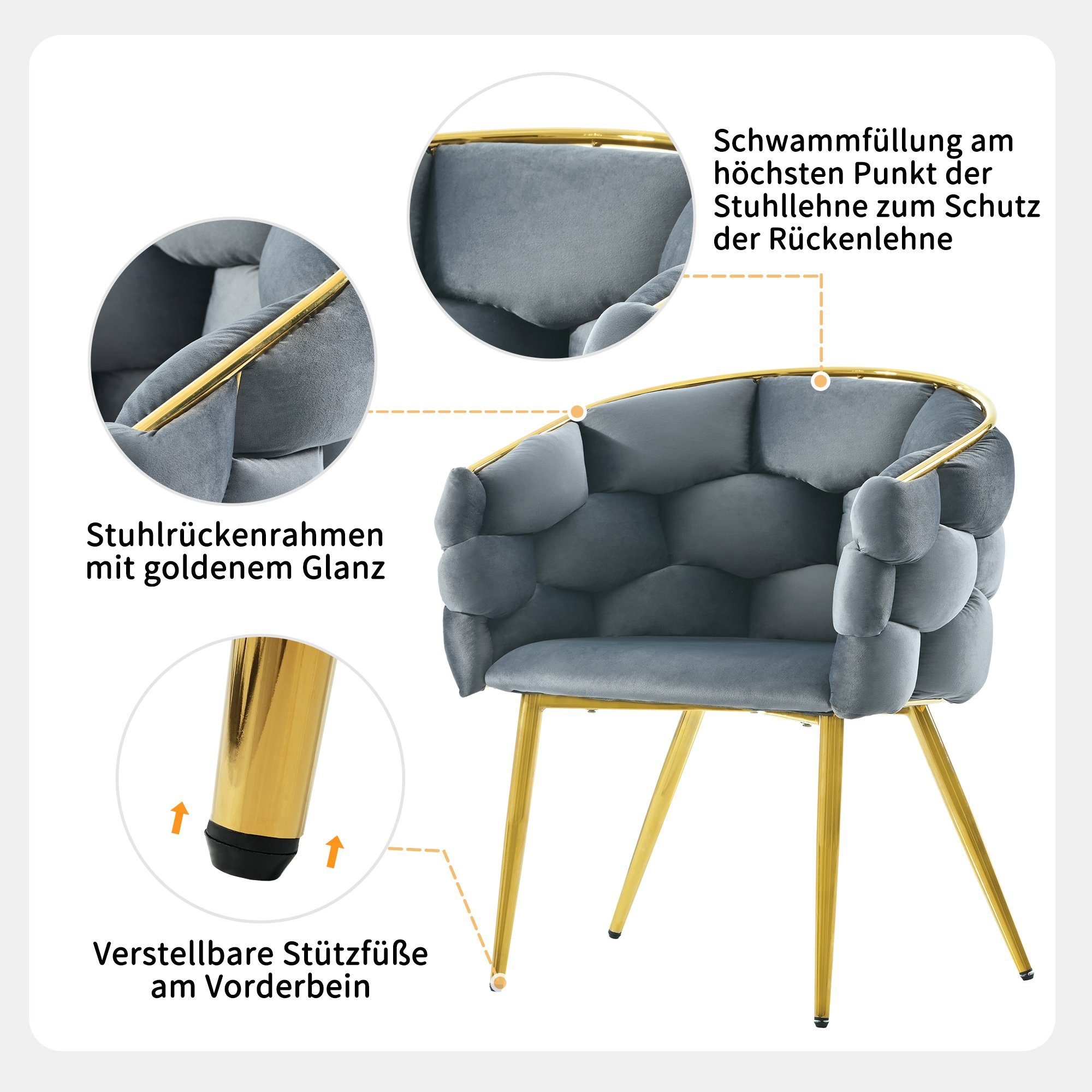 Polsterstuhl und Armlehnen mit OKWISH Grua Stühle Rückenlehne Bubble St), (1 Stühle, Stühle mit Grau Metallbeinen,