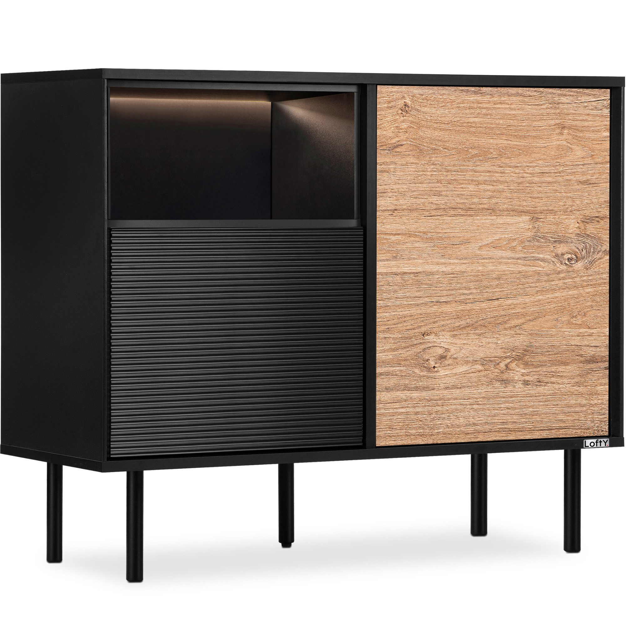 KONSIMO® Kommode LOFTY Türkommode, Sideboard, Loft-Stil, ohne Beleuchtung, Breite 102 cm, Holz, geriffelte Front, hergestellt in der EU