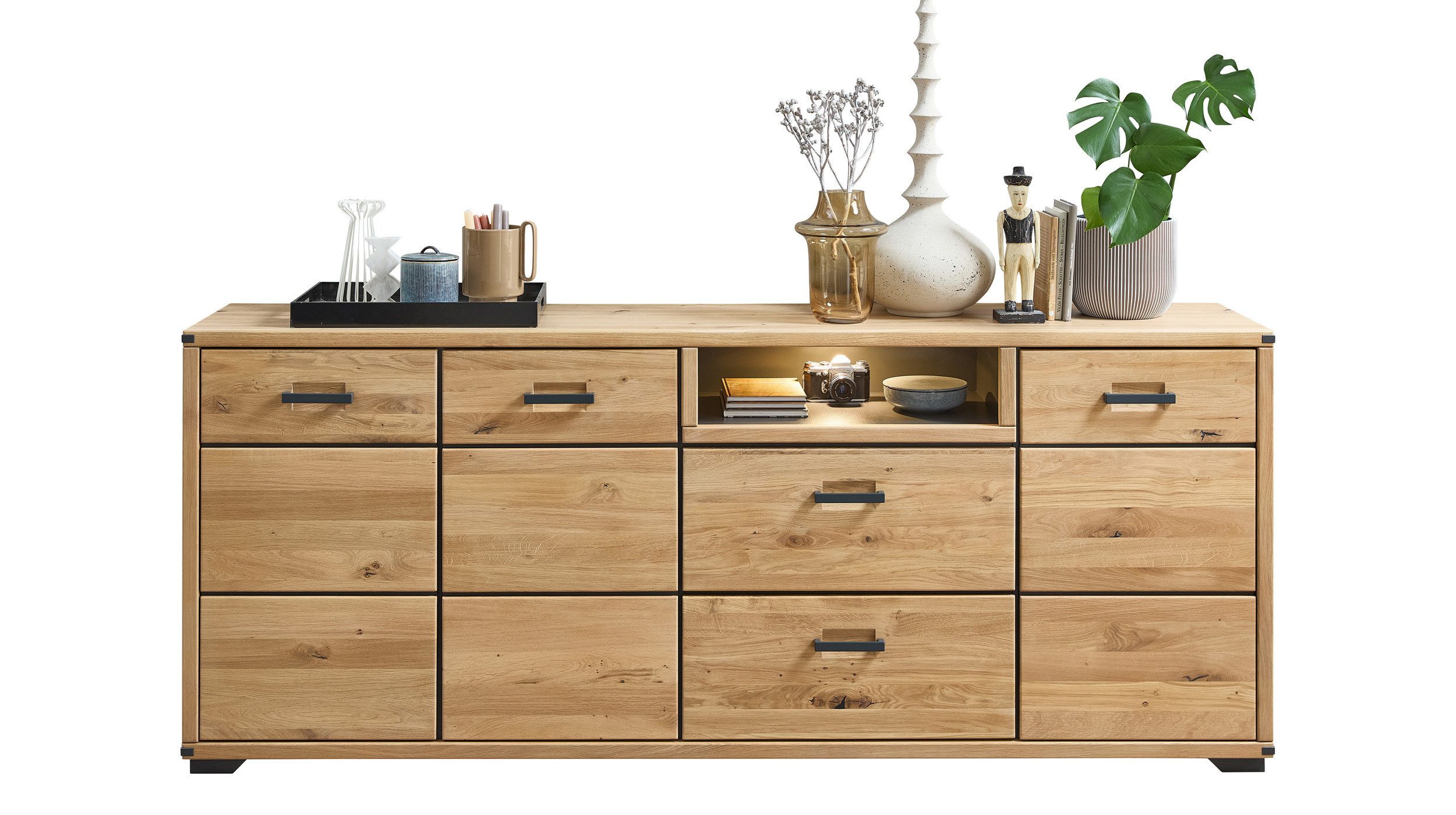 Massivart® Sideboard CATANIA 219 cm / Massivholz Wildeiche geölt / Metallgriffe, 3 Türen/ 2 Schubladen / 1 offenes Fach / Soft-Close / LED-Beleuchtung