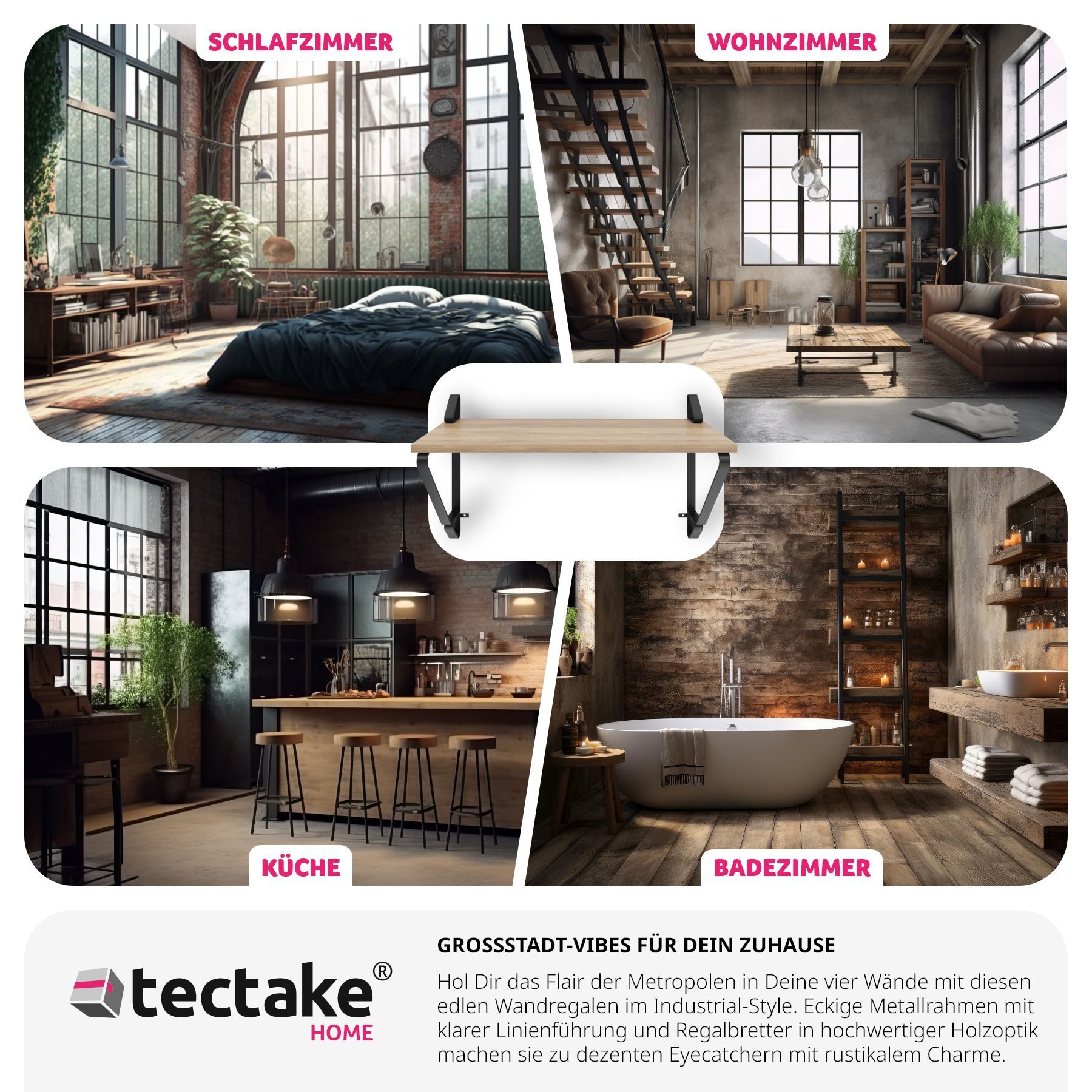 tectake Wandregal Ablageregal aus Holz und Stahl, 60 x 20 x 33,5 cm, Hängeregal Irvine 2-tlg., Industrial Style, Belastbarkeit je Regal 15 kg, einfache Montage – Bild 4 von 5