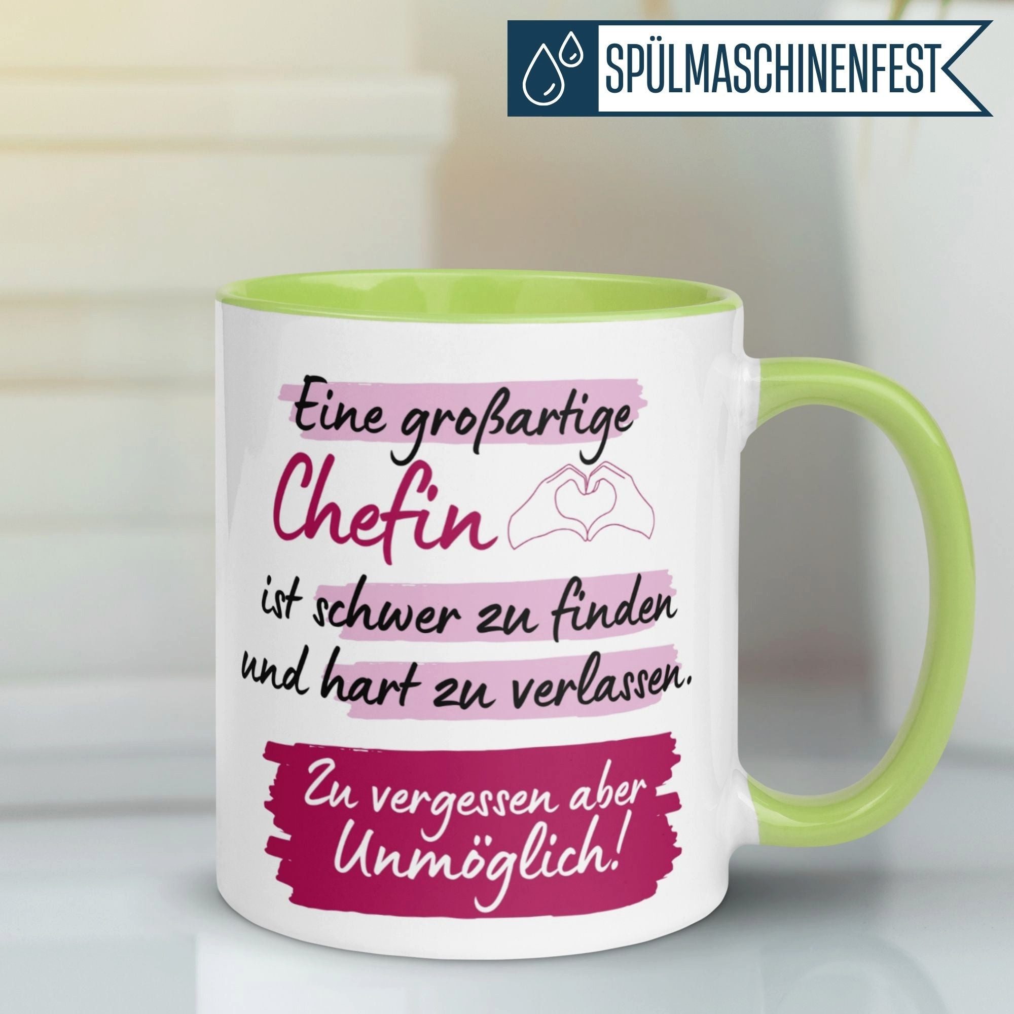 Momentals Tasse Chefin – „Schwer zu finden unmöglich zu vergessen“ – Abschiedsgeschenk, Gratis Versand · Links-&Rechtshänder · Spülmaschinenfest