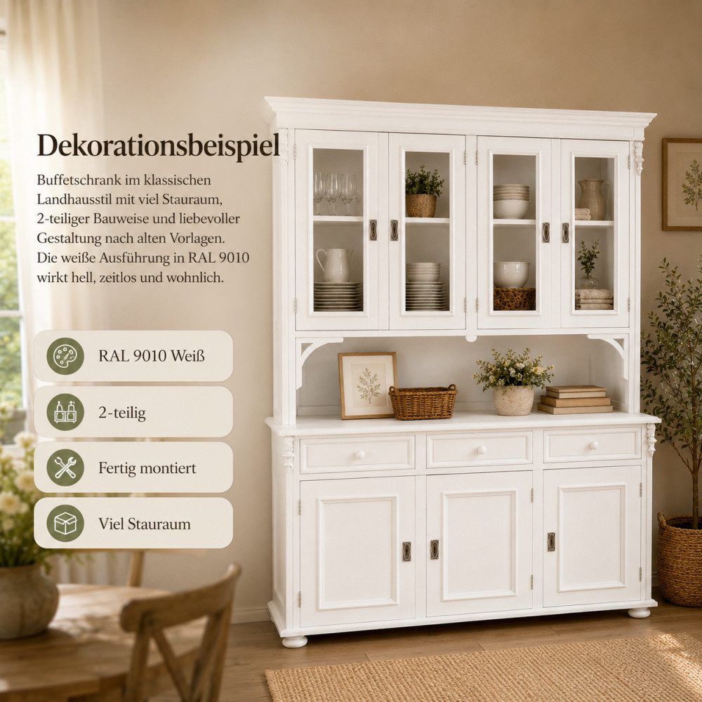 Wohnpalast Buffet Buffetschrank Landhaus weiß 160 cm aus massivem Weichholz Vitrinenschr