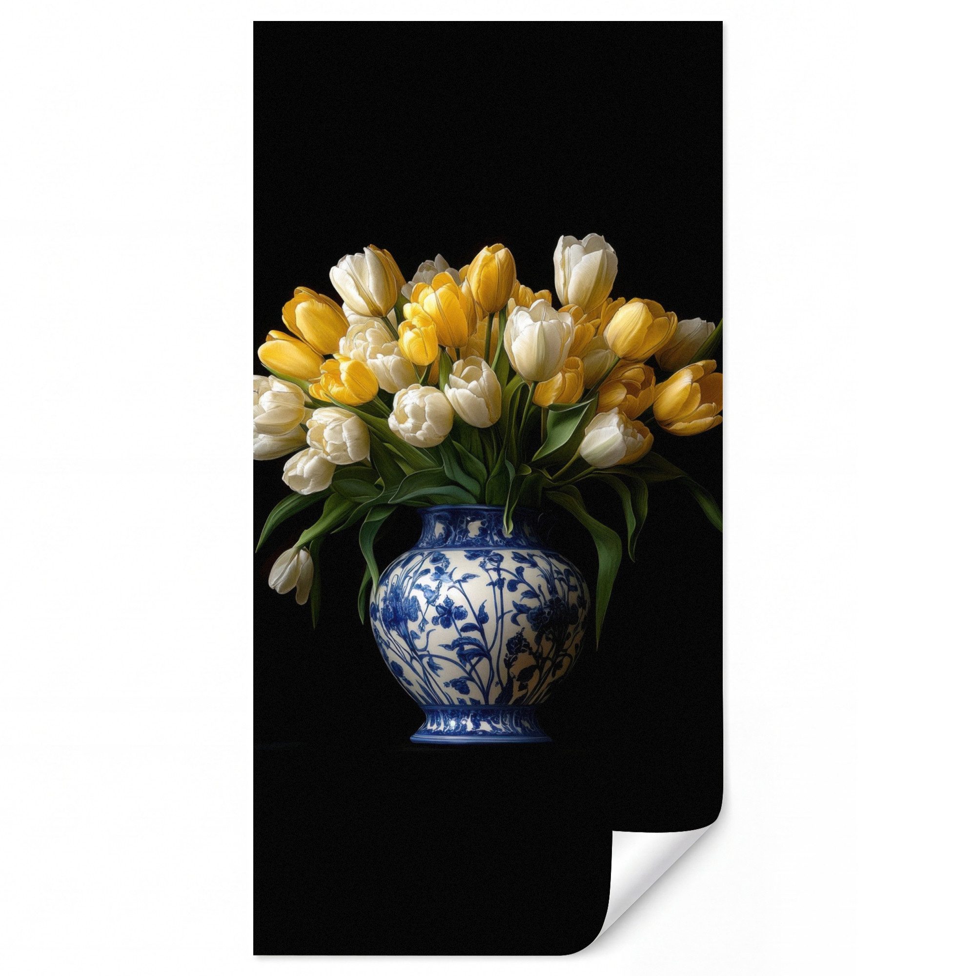 OnlyWow Fototapete Gelb - Tulpen - Vase - Blumen, Matt, bedruckt, Wandtapete, Schlafzimmer, Wanddekoration 100x220cm