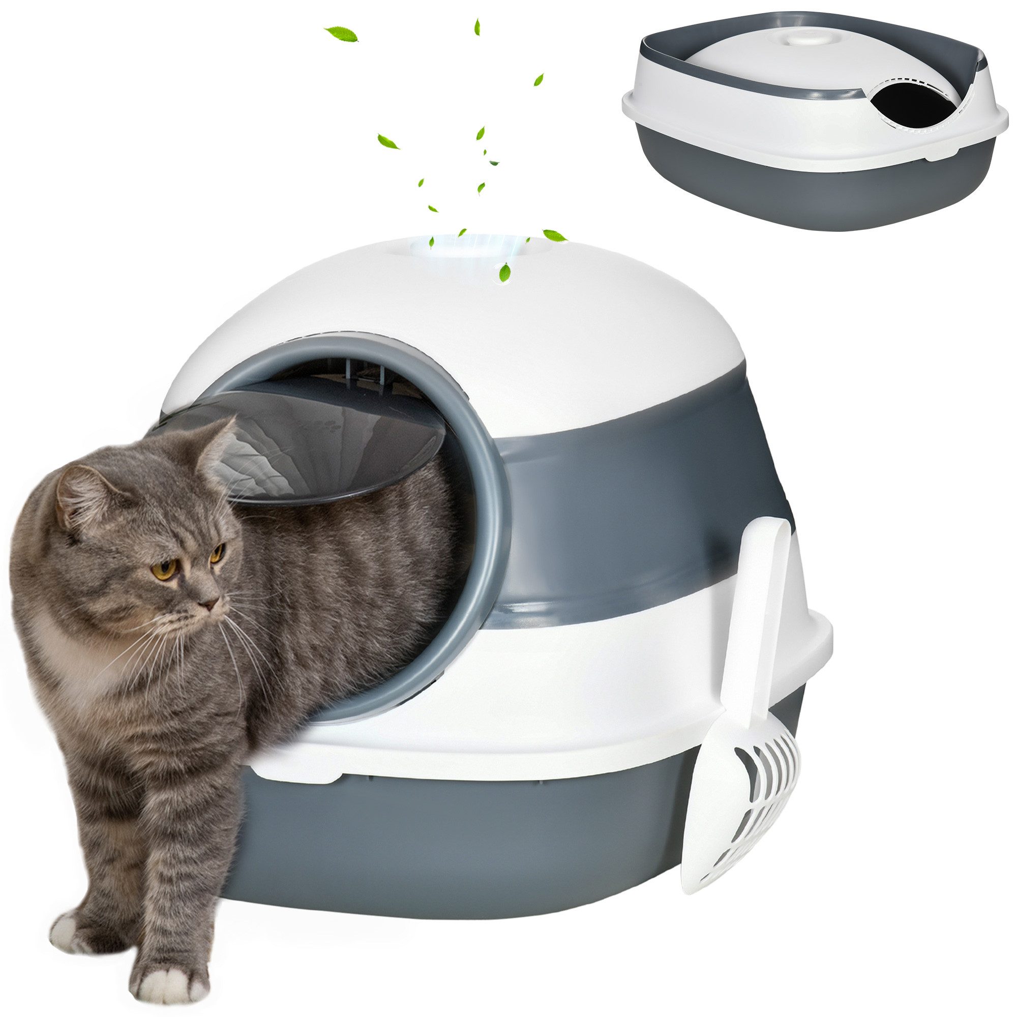 PawHut Katzentoilette mit Deckel, Deodorant, Bodengitter, Streuschaufel, Weiß+Grau,52L x 41B x 38H cm