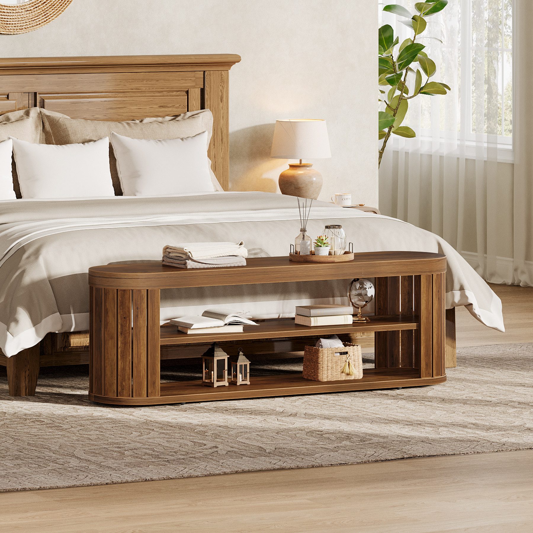 Tribesigns Schuhbank 120 cm Lange Holz-Eingangsbank mit zweistufigem Schuhregal (120x30x45cm), Esszimmerbank im Landhausstil mit verstellbaren Fußstützen – Bild 4 von 5