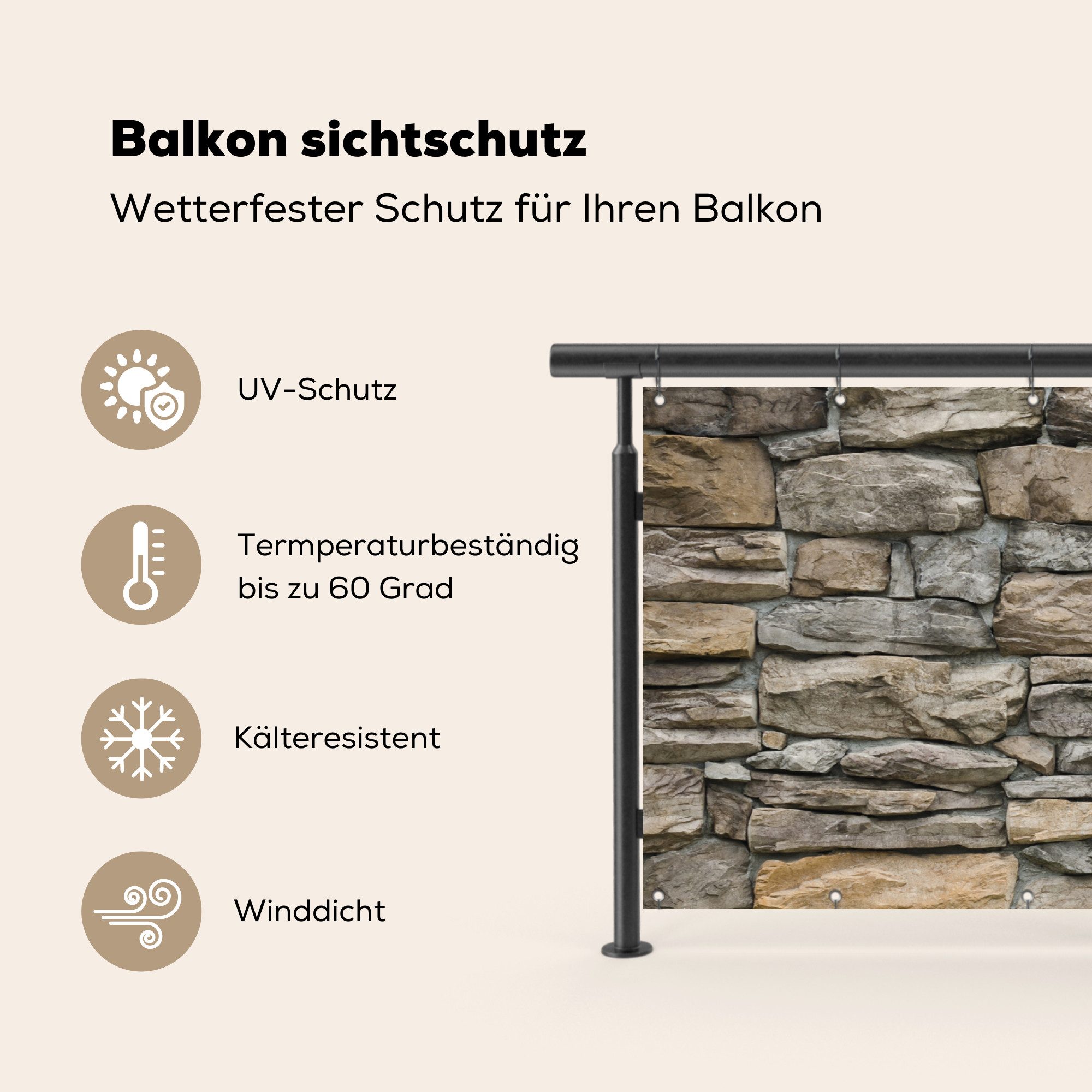MuchoWow Balkonsichtschutz Steine - Steinoptik - Grau (1-St) Balkon Sichtschutz 90x200, Windschutz für Zaun PVC, 200x90 cm – Bild 3 von 5