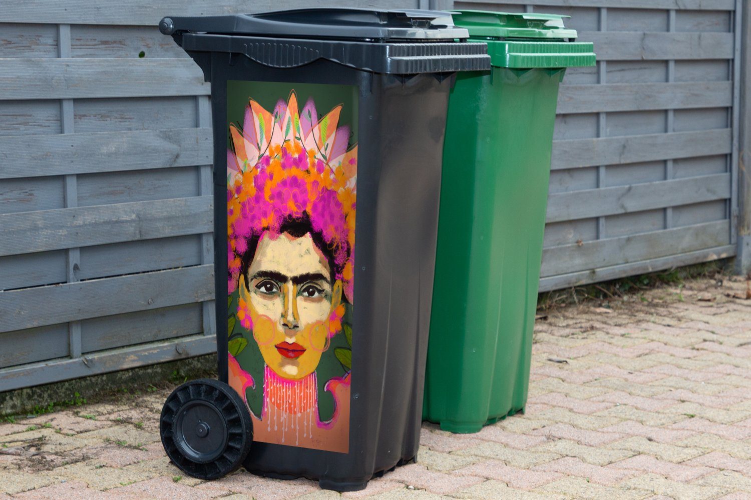 Farben St), Mülleimer-aufkleber, (1 Rosa Abfalbehälter MuchoWow Wandsticker - - Sticker, Frau Porträt Container, - Mülltonne,