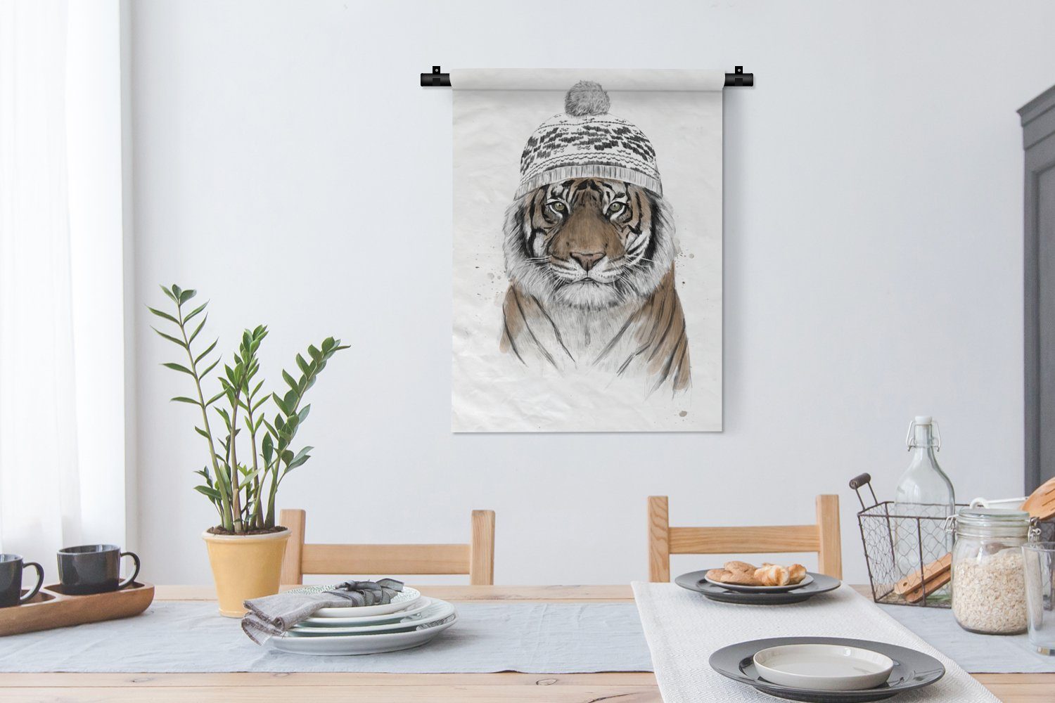 Tiger - der Deko Weiß, für Mütze - Winter MuchoWow Wanddekoobjekt Schlafzimmer Wohnzimmer, Wand, Tapisserie, an -