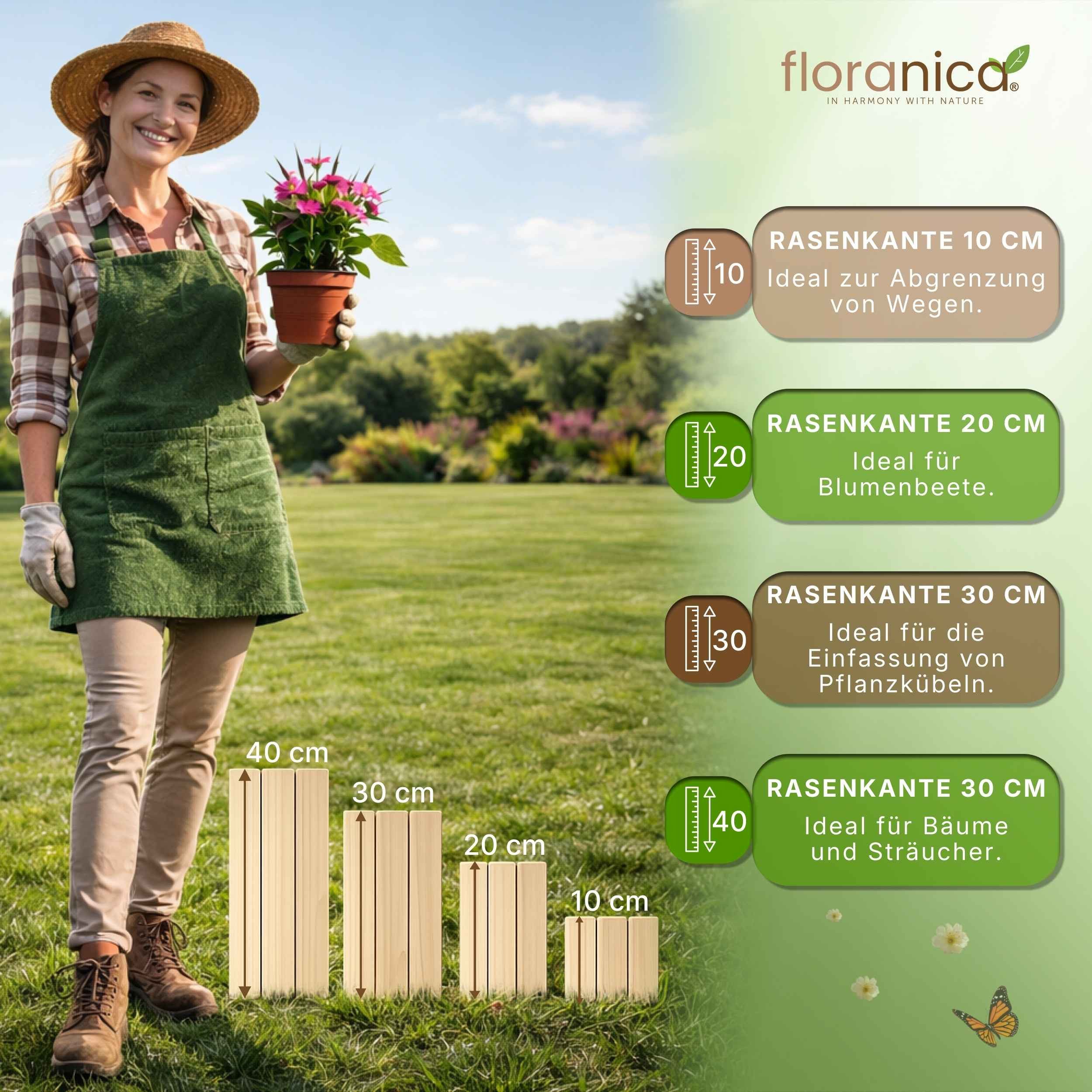 Floranica Palisade Rasenkante Flexible Beetumrandung Beeteinfassung Rollborder Gartenzaun, LxH: 200x10 cm, Unimprägniert, Holz Umzäunung für Blumenbeeten Gemüsebeeten Kräuterbeeten Rosen