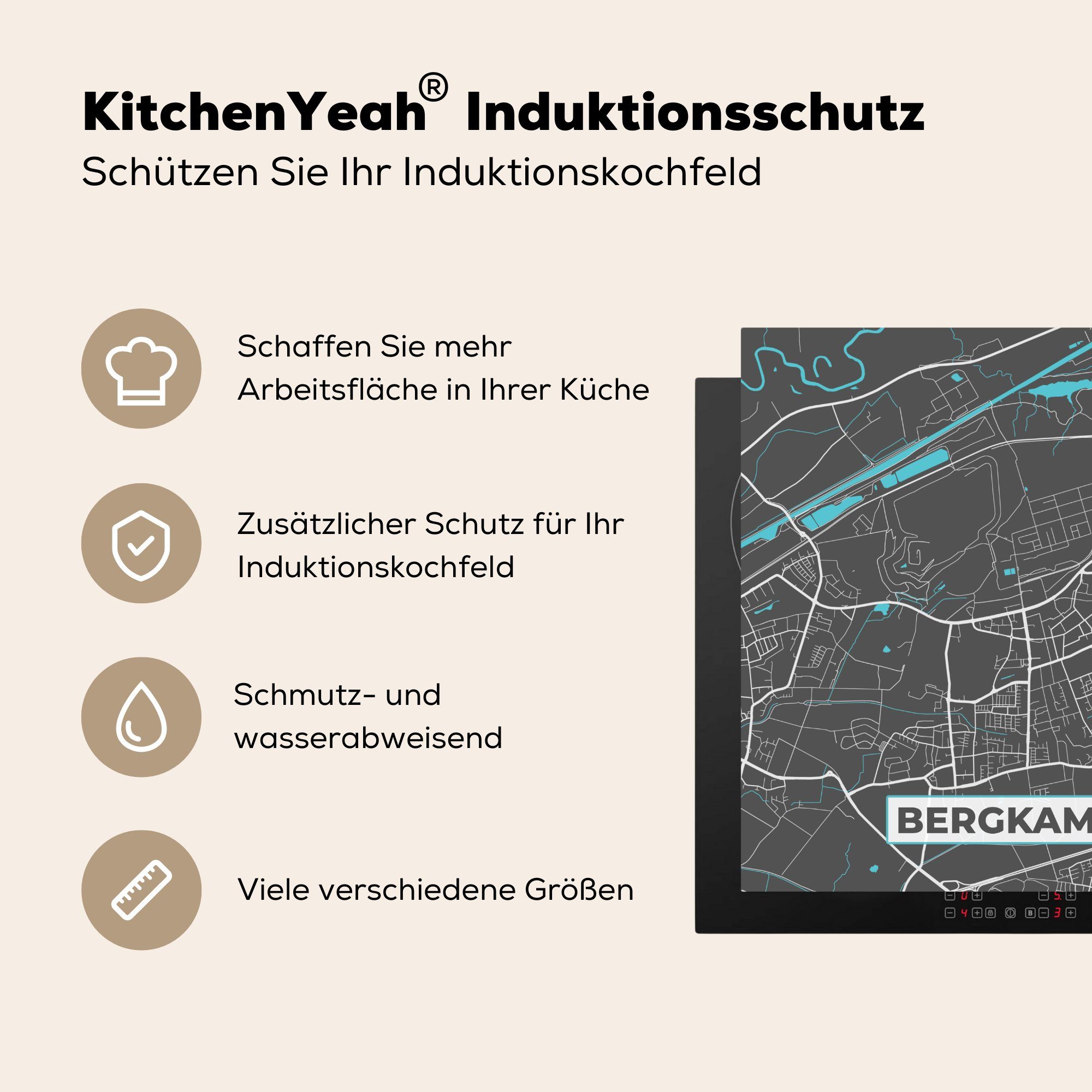 MuchoWow Herdblende-/Abdeckplatte Karte - Stadtplan - Arbeitsplatte Vinyl, (1 78x78 küche Blau, Deutschland tlg), - für Ceranfeldabdeckung, cm, - Bergkamen