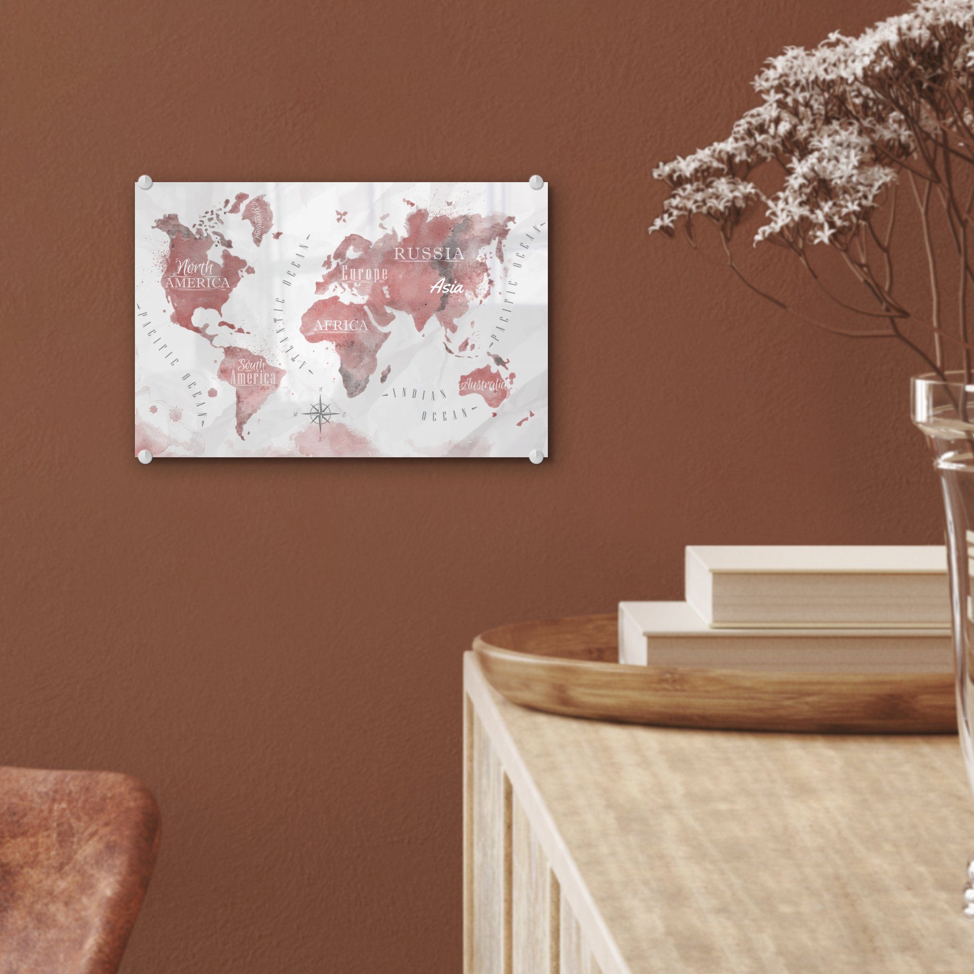 MuchoWow Acrylglasbild Weltkarte - - - Glasbilder - Glas rosa, Wanddekoration St), auf Farbe Wandbild - Bilder (1 Foto auf Glas