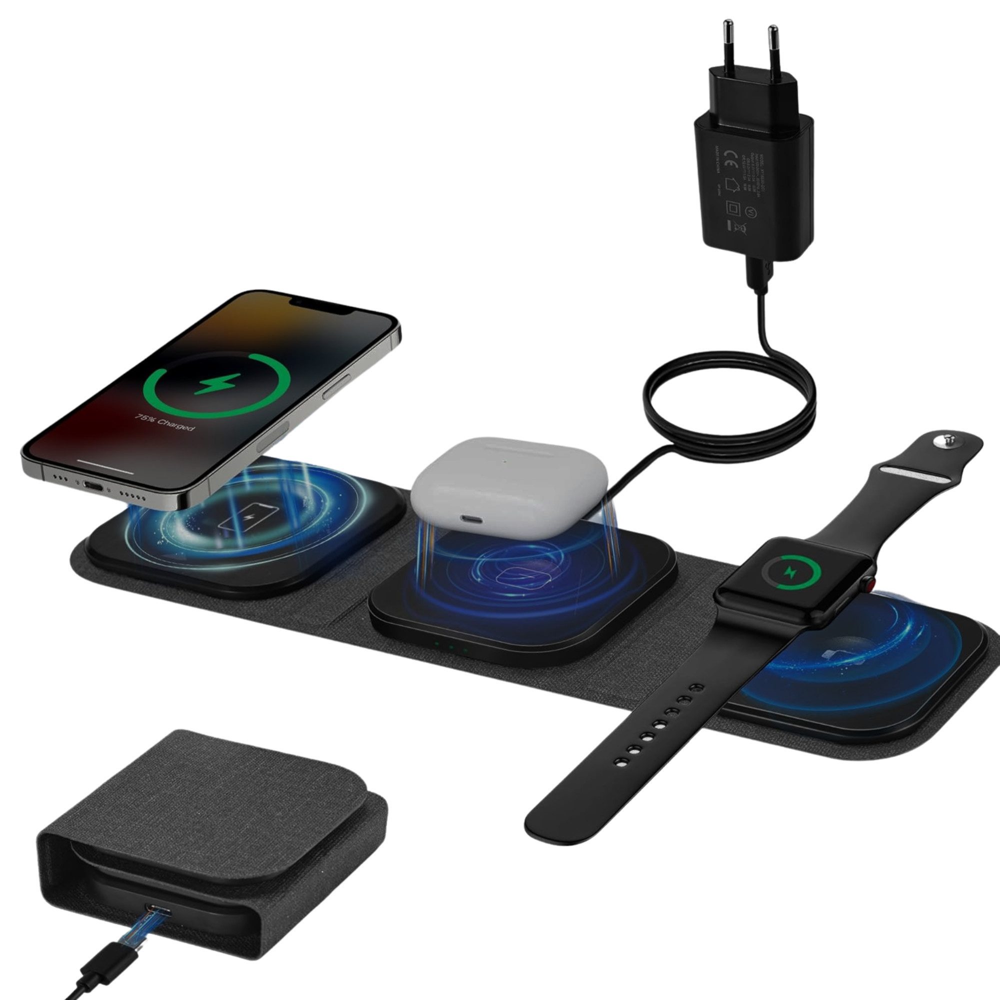 Vivitar Mag-Safe Ladegerät 3-in-1 kabelloses Ladegerät mit USB C & 15W Adapter Induktions-Ladegerät (faltbarer Wechsler für iphone, android, iWatch, airpods, Universelles, schnelles und sicheres Ladegerät für unterwegs)