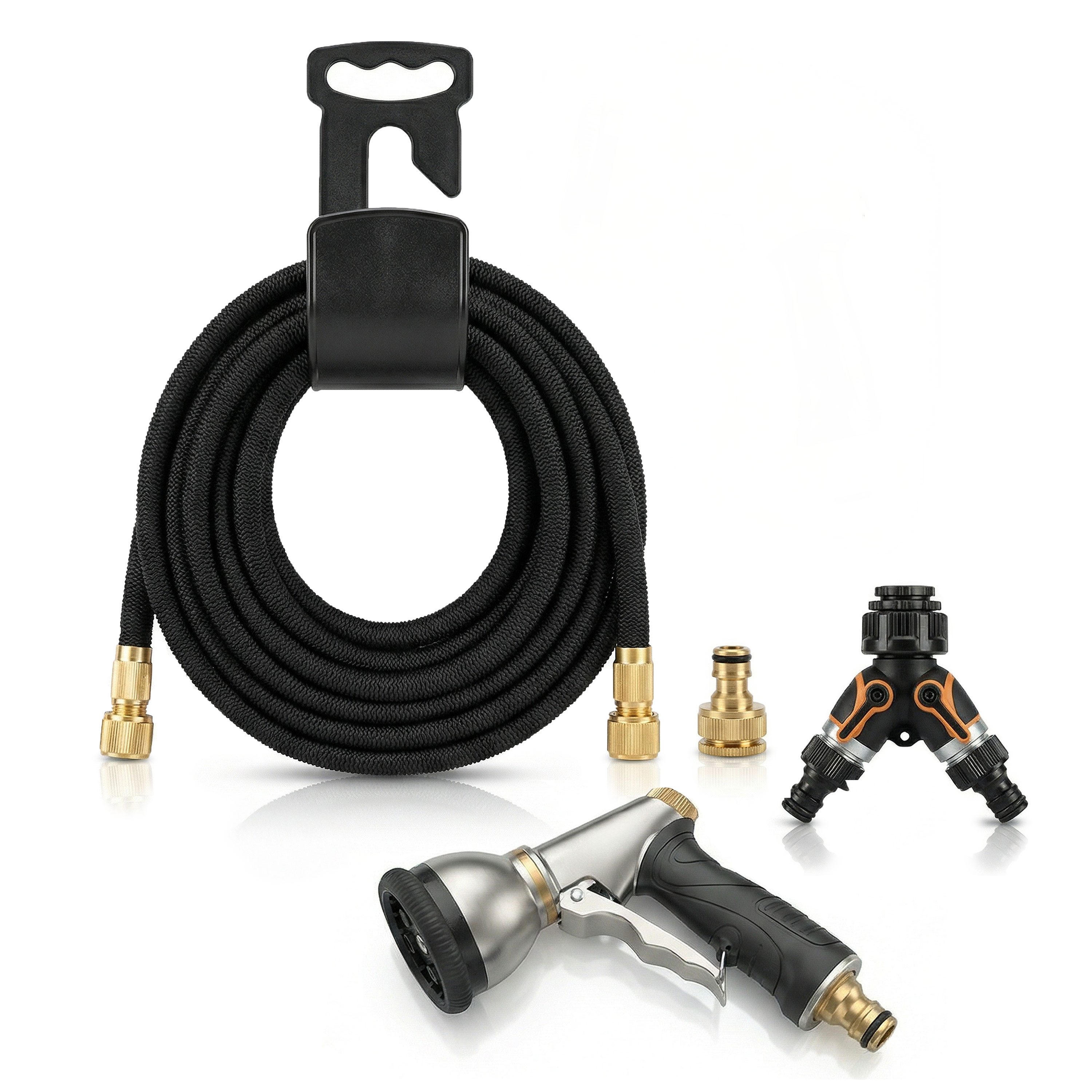 Brandson Gartenschlauch 22,5 m flexibler Wasserschlauch mit 9 Funktionsdüsen, Flexischlauch, dehnbar, platzsparend, knickfrei, (Set, 5 St., mit Gartenbrause und 2-Weg-Verteiler), multifunktional, 3/4-Zoll- und 1/2-Zoll-Anschlüsse, Wandaufhängung