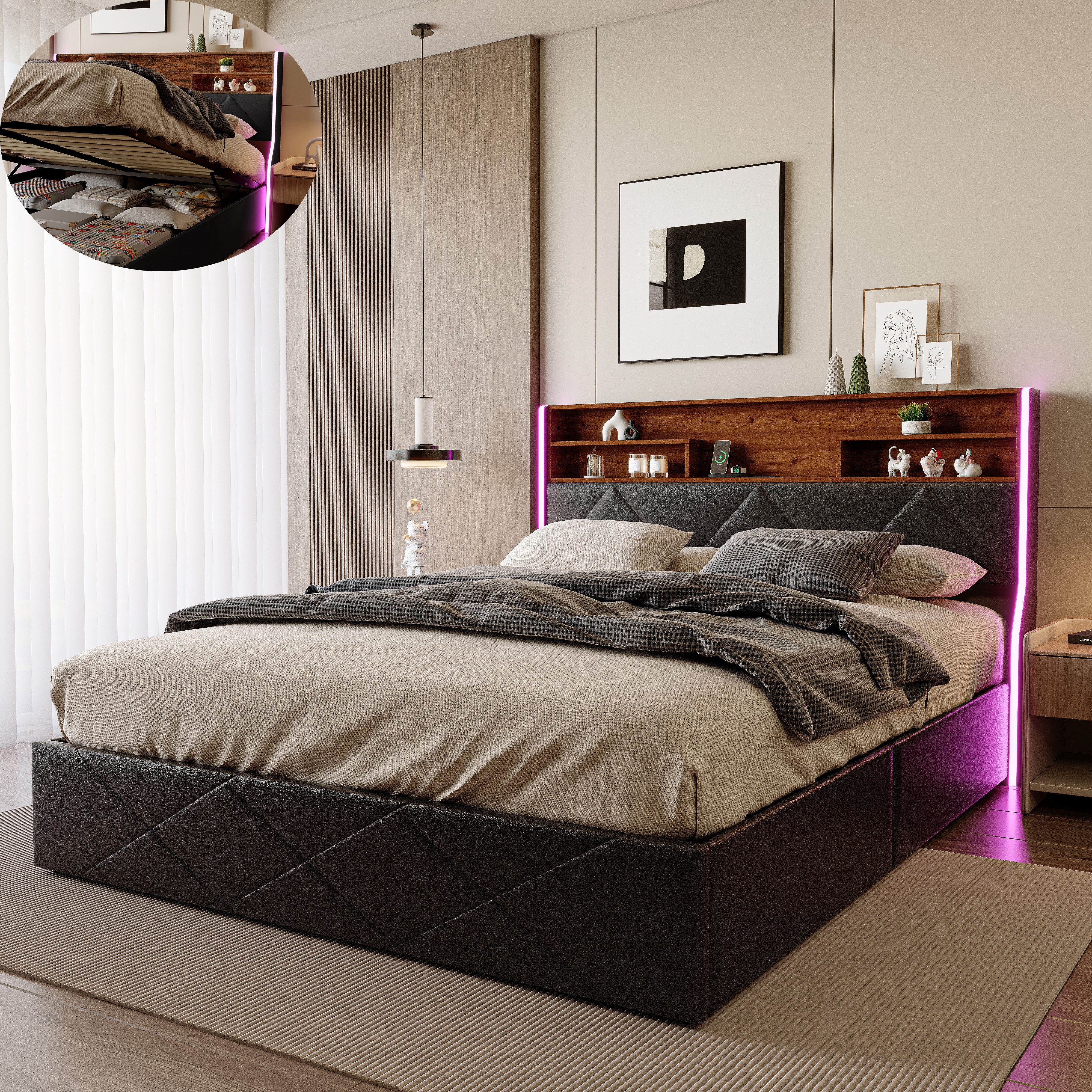 PXloue Funktionsbett Polsterbett, Hydraulisches Doppelbett, mit LED-Leisten günstig online kaufen