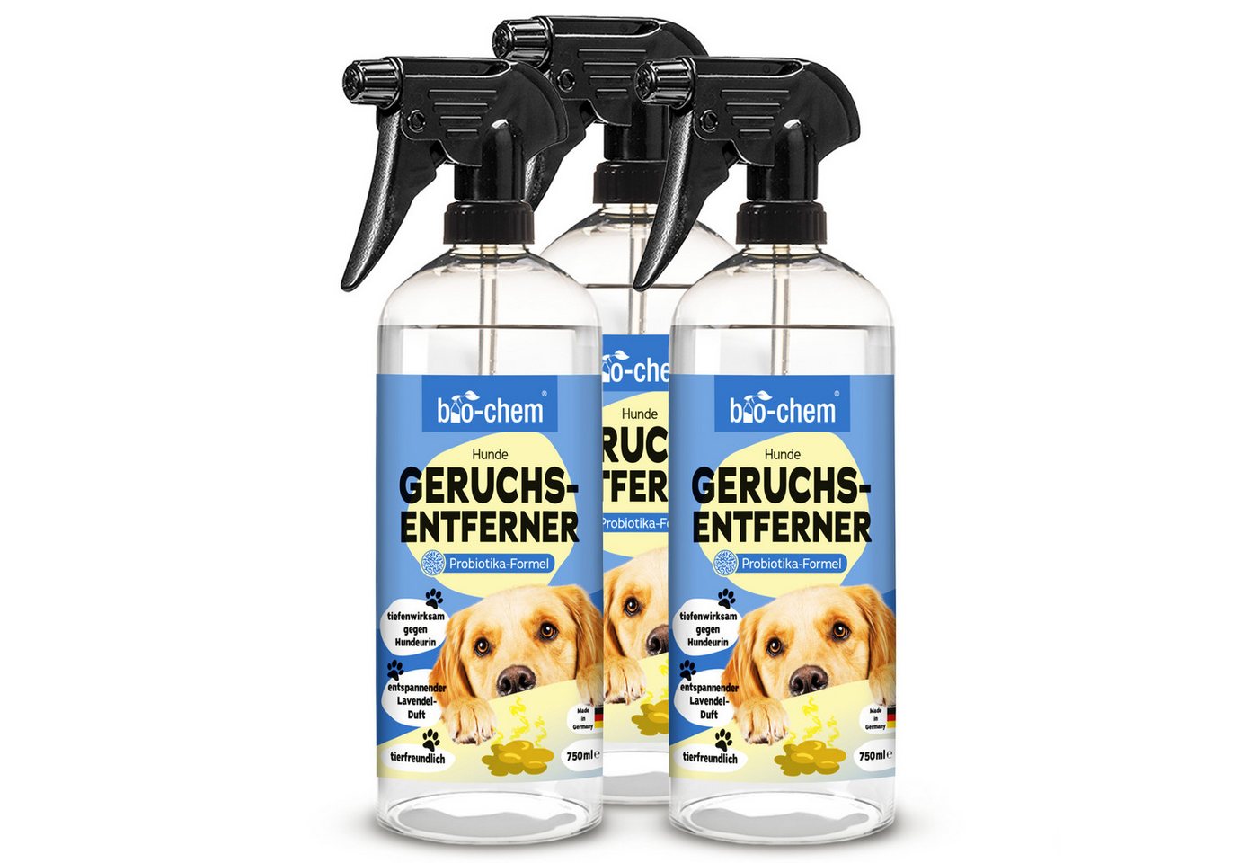 bio-chem Geruchsentferner Enzymreiniger 750 ML für Hunde- & Tiergerüche (3x Geruchsentferner Hund 0.75 l Handsprayflasche)