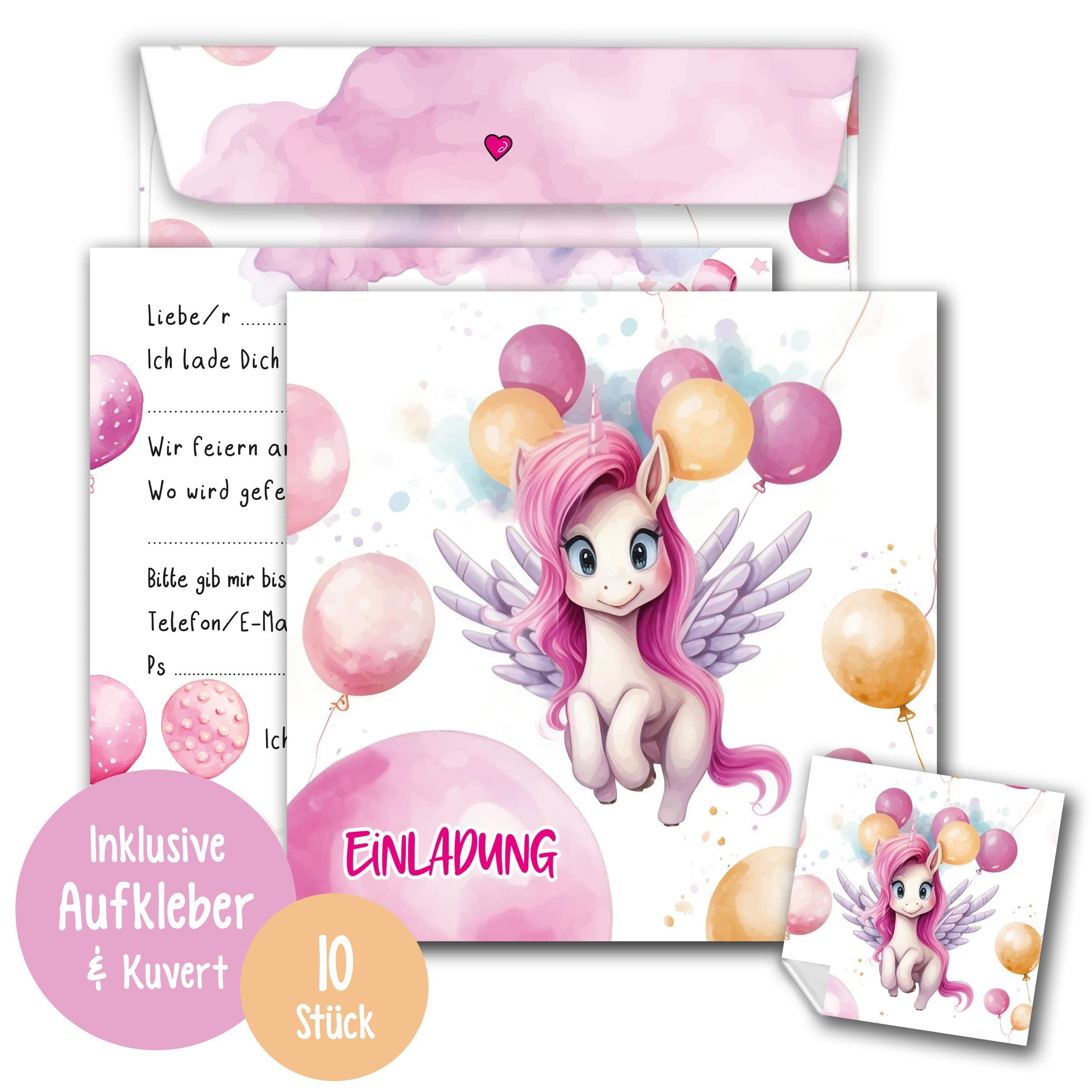 TOBJA Einladungskarten 10 Einladungskarten Einhorn inkl Umschläge und Sticker, Kindergeburtstag Mädchen Geburtstag Einladung Kinder