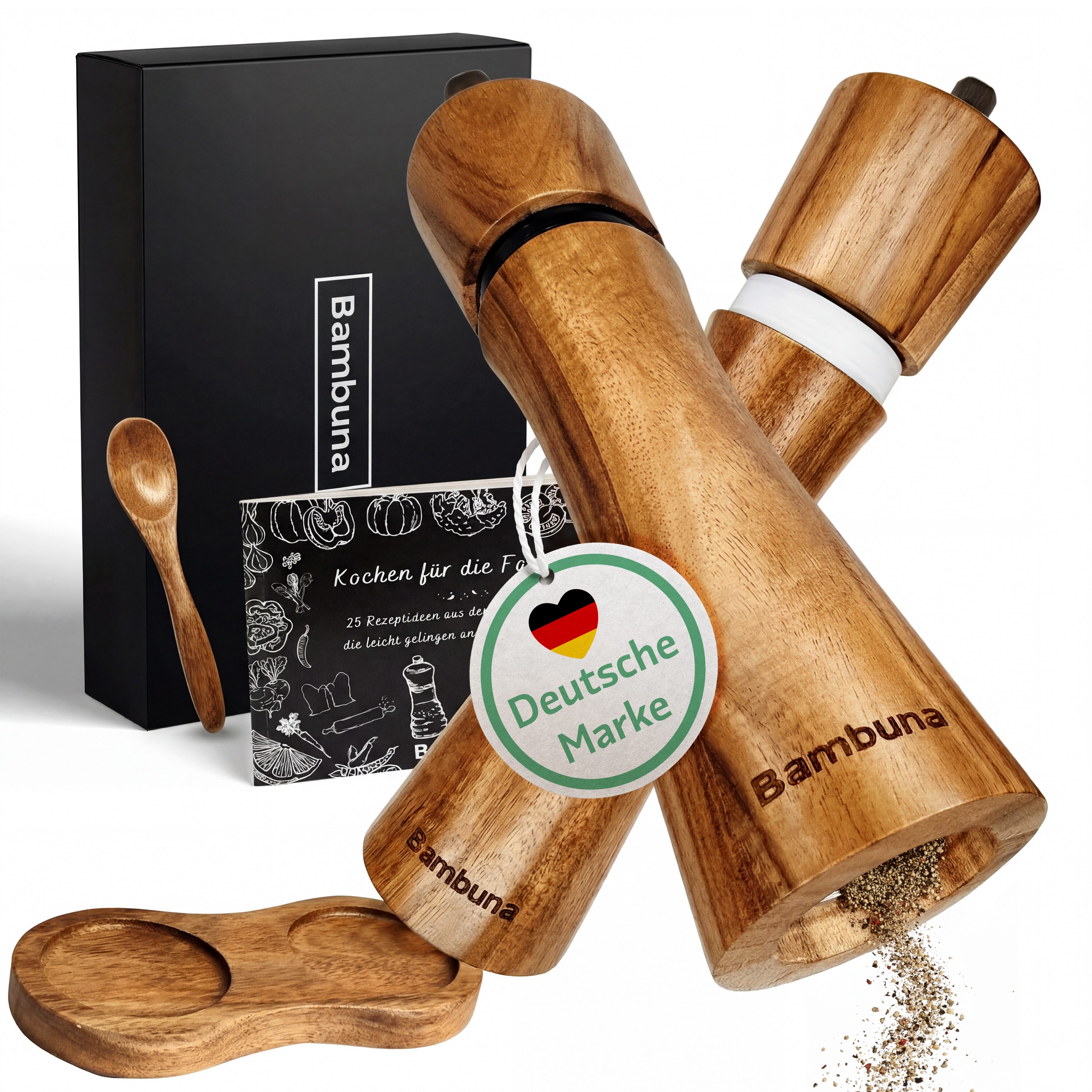 Bambuna Salz-/Pfeffermühle Pfeffermühlen Set aus Holz, Große Gewürzmühlen (22cm) aus Akazienholz manuell, Precision+ Keramikmahlwerk, hochwertige Geschenk- Box + Rezeptbuch