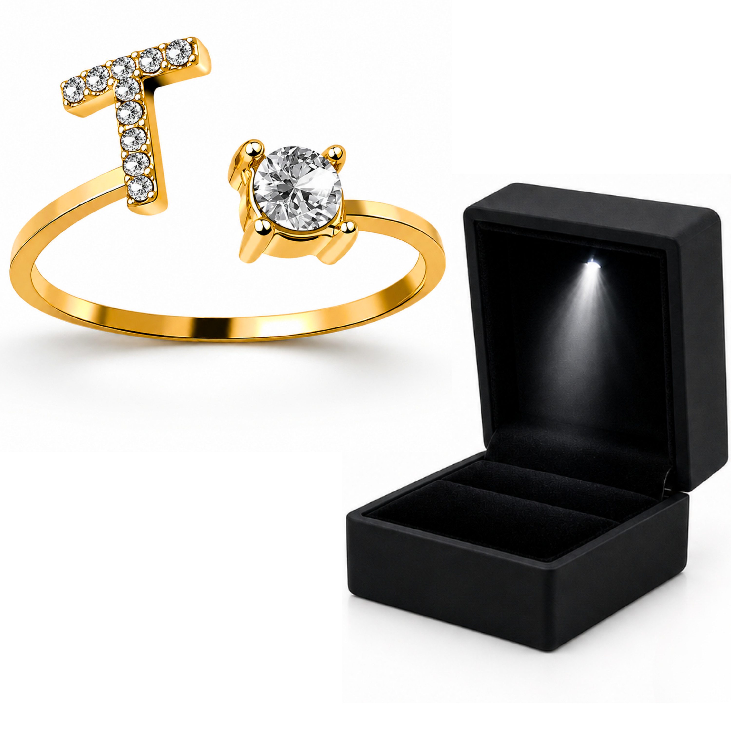 StellarLuma Fingerring Damenring Buchstabenring Schmuck Modeschmuck inklusive LED Ringbox (Set, Set bestehend aus 1 Buchstabenring und 1 LED-Schmuckbox), Verstellbarer Buchstabenring, Damen Modeschmuck mit LED-Schmuckbox