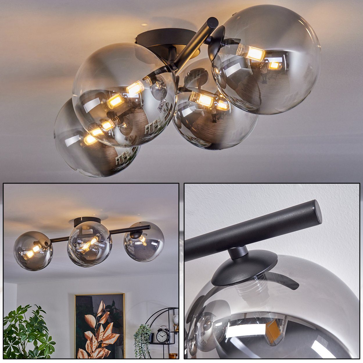 hofstein Deckenleuchte Deckenlampe aus Metall/Glas in Schwarz/Rauchfarben/Klar, ohne Leuchtmittel, Leuchte im Retro-Design aus Glas, 4 x G9 LED, ohne Leuchtmittel