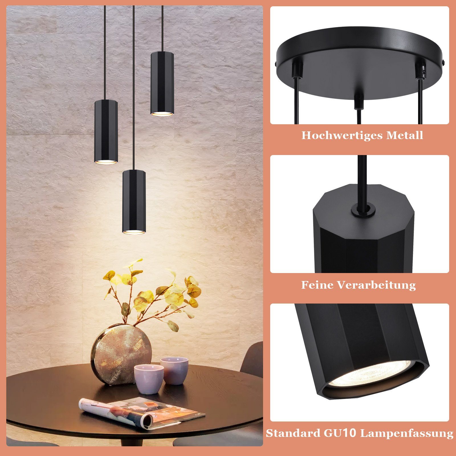 Nettlife Pendelleuchte Hängelampe GU10 Wohnzimmer Pendelleuchte Modern, höhenverstellbar, LED wechselbar, Wohnzimmer Küche Schlafzimmer