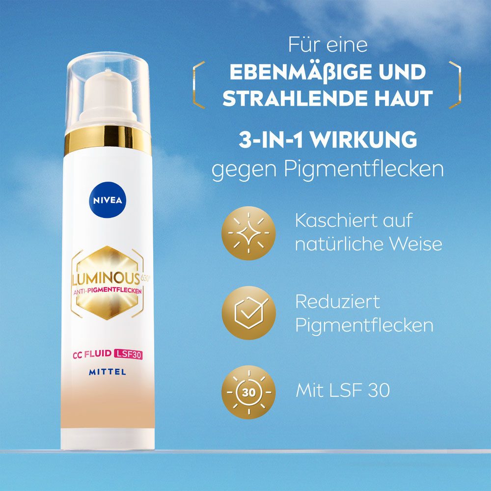 Nivea Gesichtsfluid LUMINOUS630 ANTI-PIGMENTFLECKEN CC FLUID 3IN1 MITTEL LSF 30, mit mikroverkapselten Farbpigmenten, für alle Hauttypen