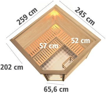 Karibu Sauna "Leona" mit Kranz und bronzierter Tür Ofen 9 kW integr. Strg, BxTxH: 259 x 245 x 202 cm, 38 mm, aus hochwertiger nordischer Fichte