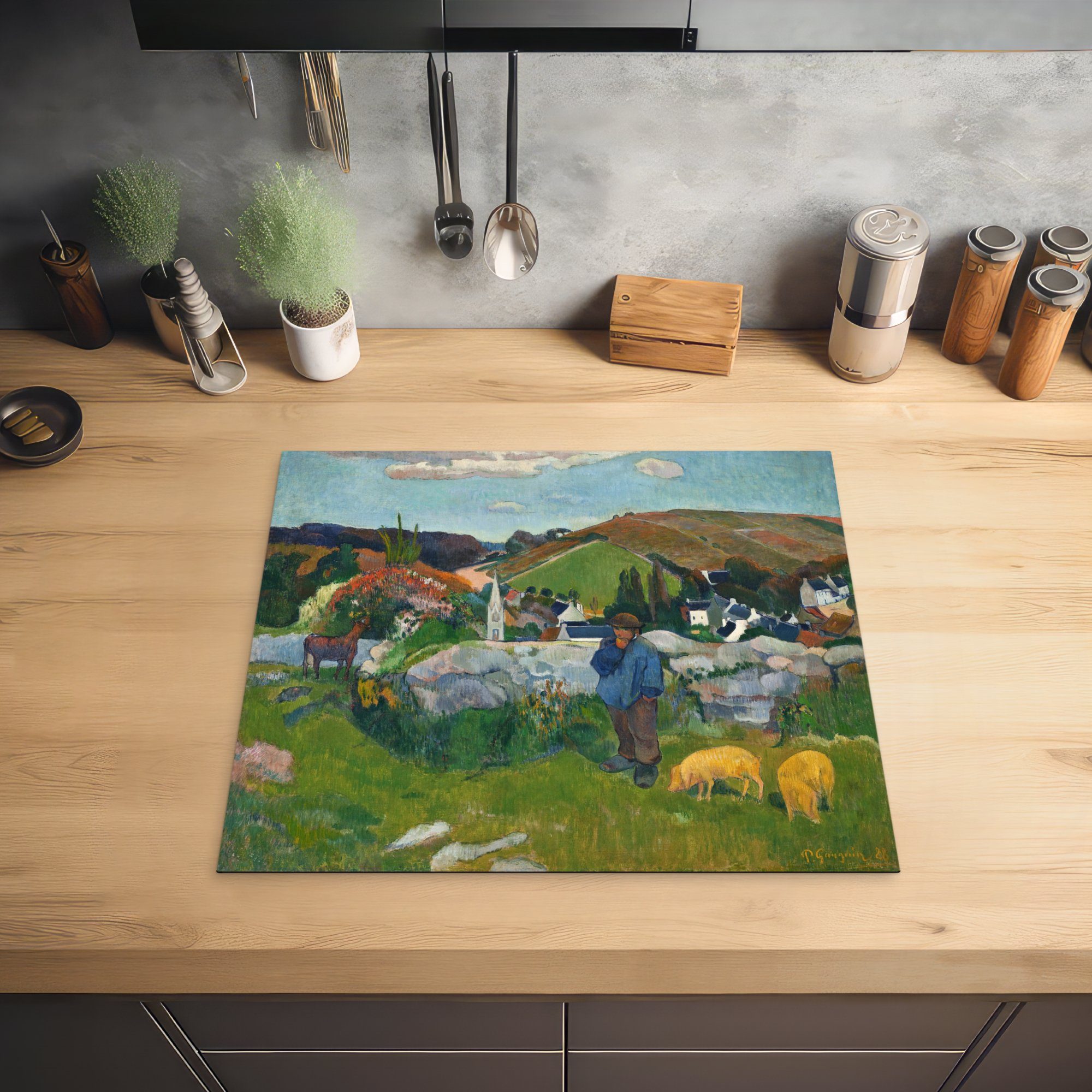 MuchoWow Herdblende-/Abdeckplatte Wildschweinzüchter in der Paul von cm, (1 tlg), Arbeitsfläche 60x52 - nutzbar, Ceranfeldabdeckung Mobile Gemälde Vinyl, Gauguin, Bretagne