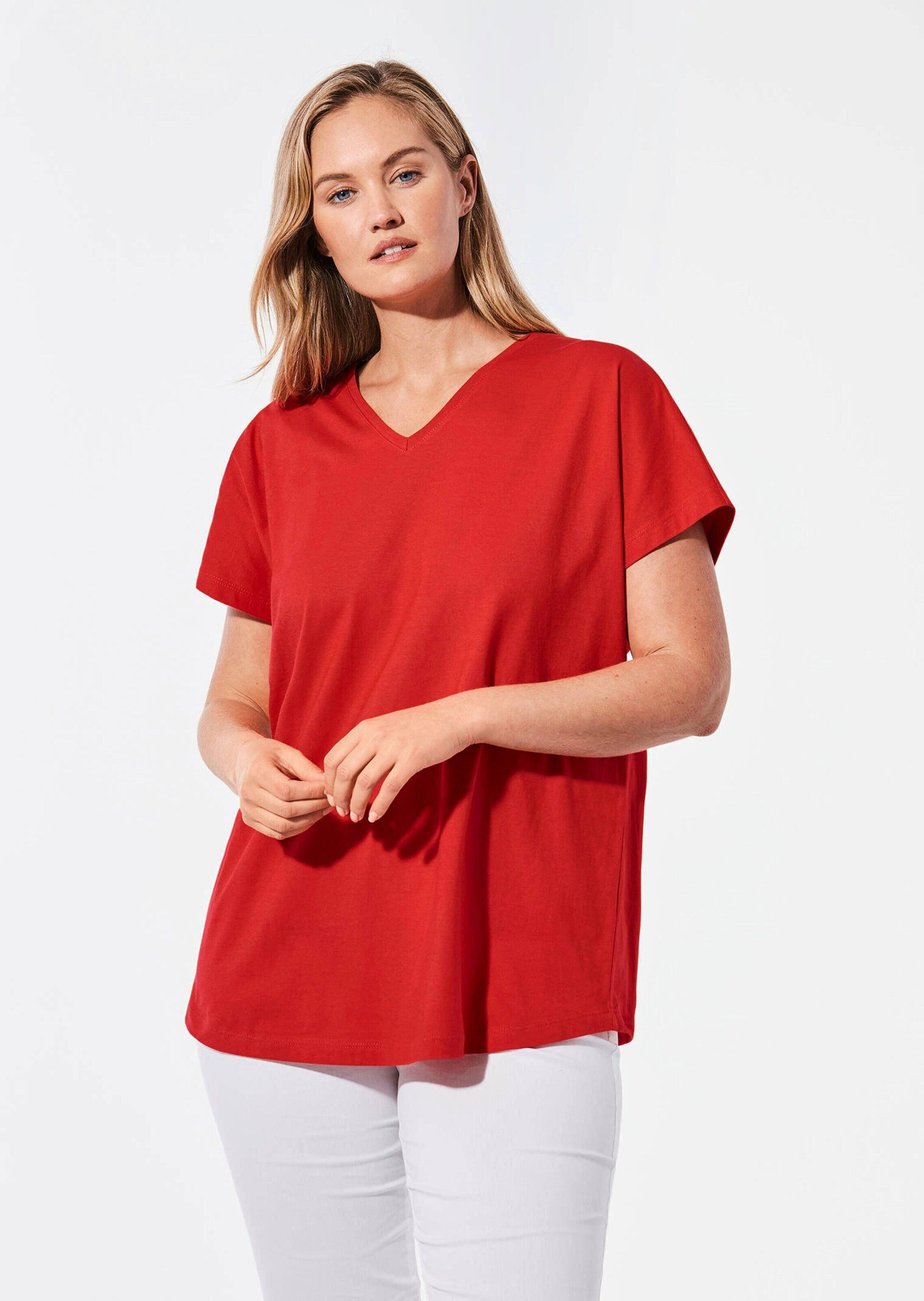 GOLDNER T-Shirt Luftiges Shirt mit schmaler Blende (CURVY, CURVY) Unifarbenes Modell mit elegantem V-Ausschnitt