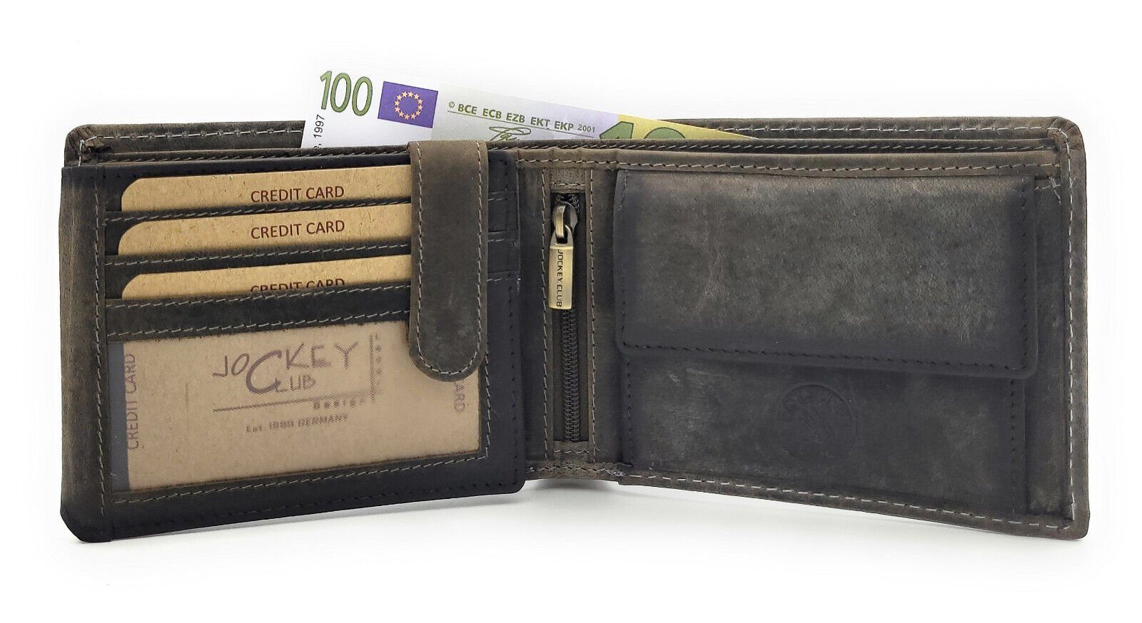 und schönes Geldbörse Angler Schutz, Geschenk für echt Leder RFID Portemonnaie Fischer CLUB Hecht mit Grau JOCKEY