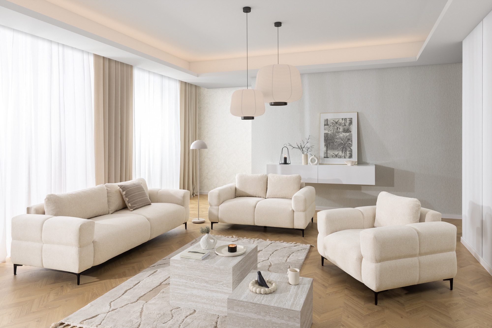 S-Style Möbel Polstergarnitur 3+2+1 Cardea in Bubble-Optik aus weichem Strukturstoff, mit Wellenfederung und hohem Sitzkomfort