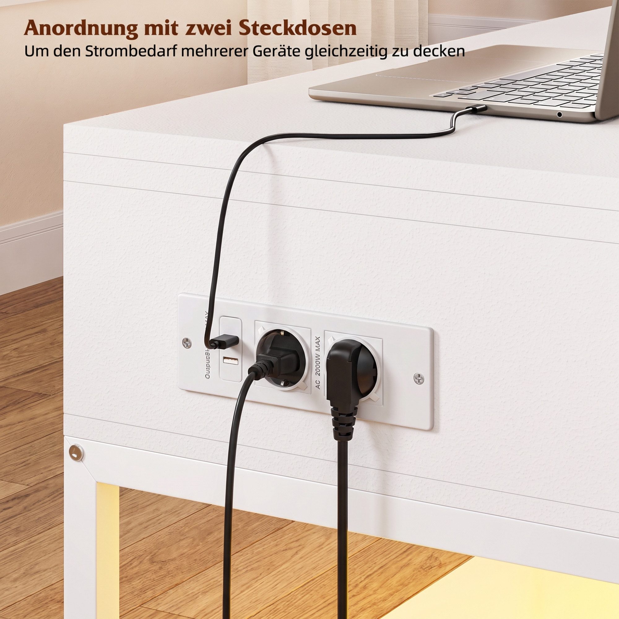 Klyvvo Couchtisch Höhenverstellbar mit LED und Stauraum, 4-in-1 Wohnzimmertisch (1-St), Steckdosen, USB, Coffee Table für Wohnzimmer, Büro, 1 Schubladen – Bild 4 von 5