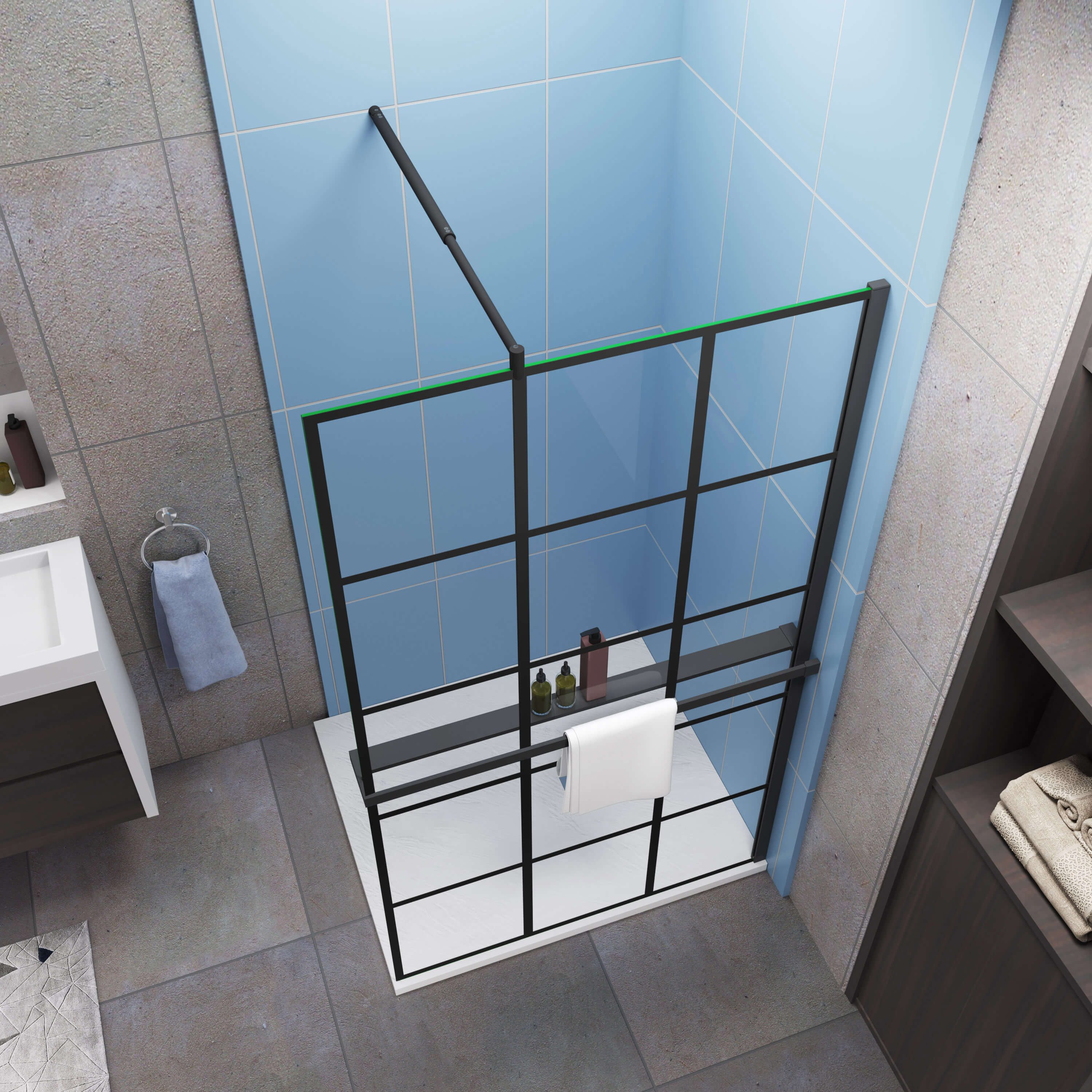Duschparadies Walk-in-Dusche H:200cm 8mm NANO glas Schwarz Handtuchhalter Stützstange, Einscheibensicherheitsglas