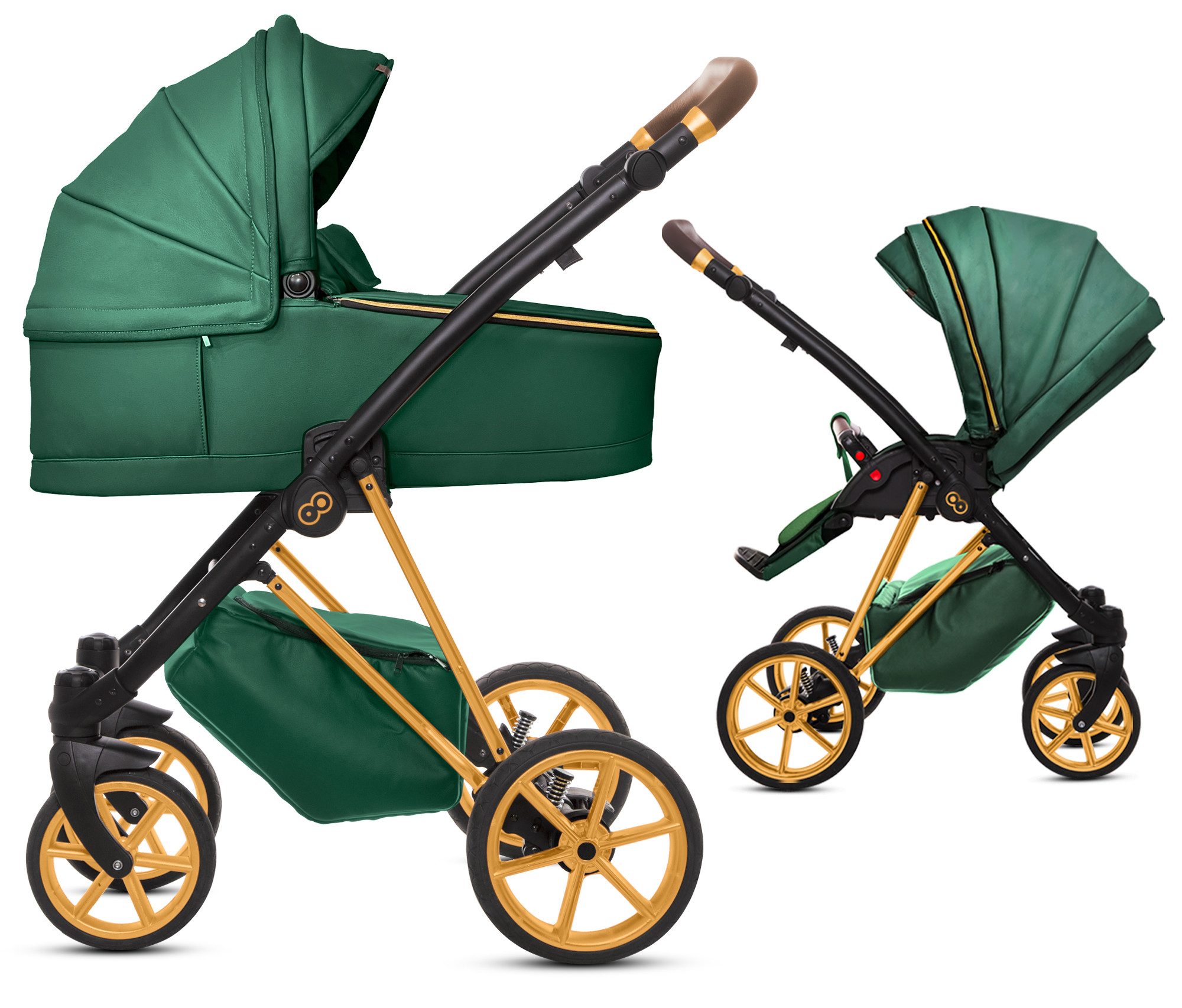 TPFFamily Kombi-Kinderwagen 2in1 Musse Royal, Baby Buggy Babywanne 5-Punkt-Sicherheitsgurt, Zubehör-Set Kinderwagen 2 in 1 Kunstleder Grün, Gestell Gold