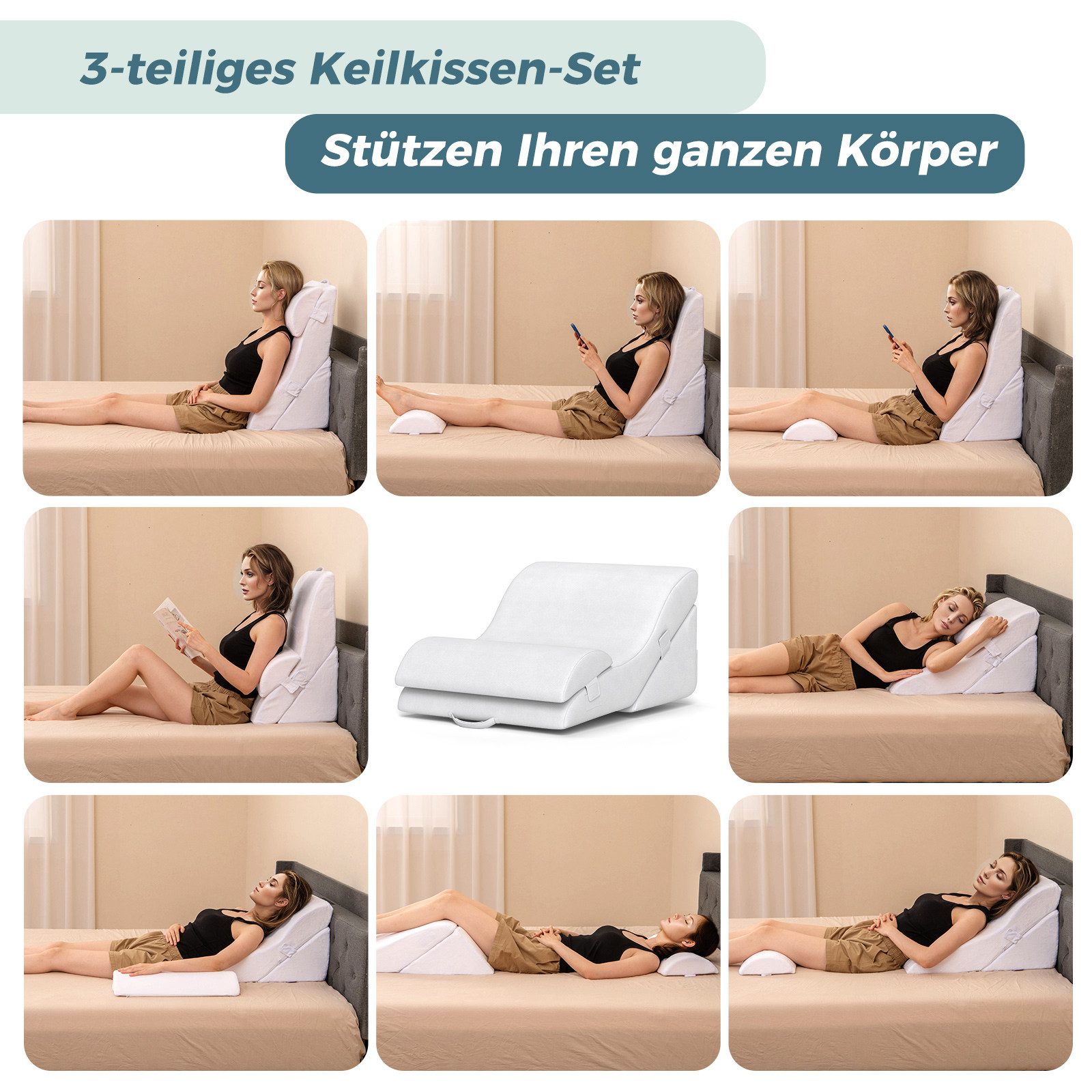 COSTWAY Keilkissen, 3-tlg., orthopädisches Lesekissen, Venenkissen zum Bein günstig online kaufen