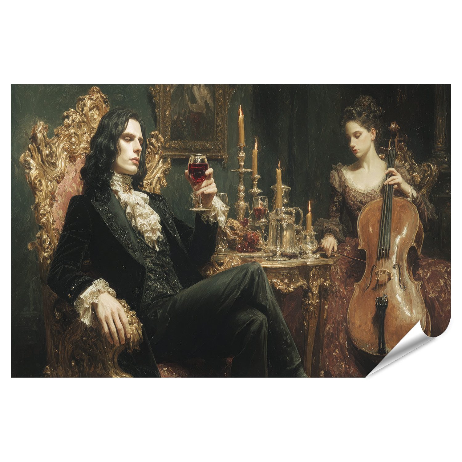 islandburner Poster Gothic Vampir Lord auf goldenem Thron mit Musikerin und Cello -