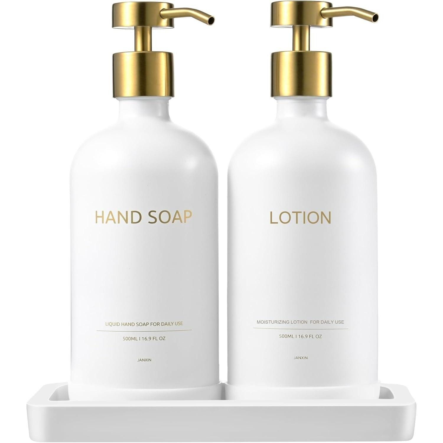 LuxusKollektion Seifenspender Glas Seifenspender Set 500ML mit Tablett, Seifenspender-Set
