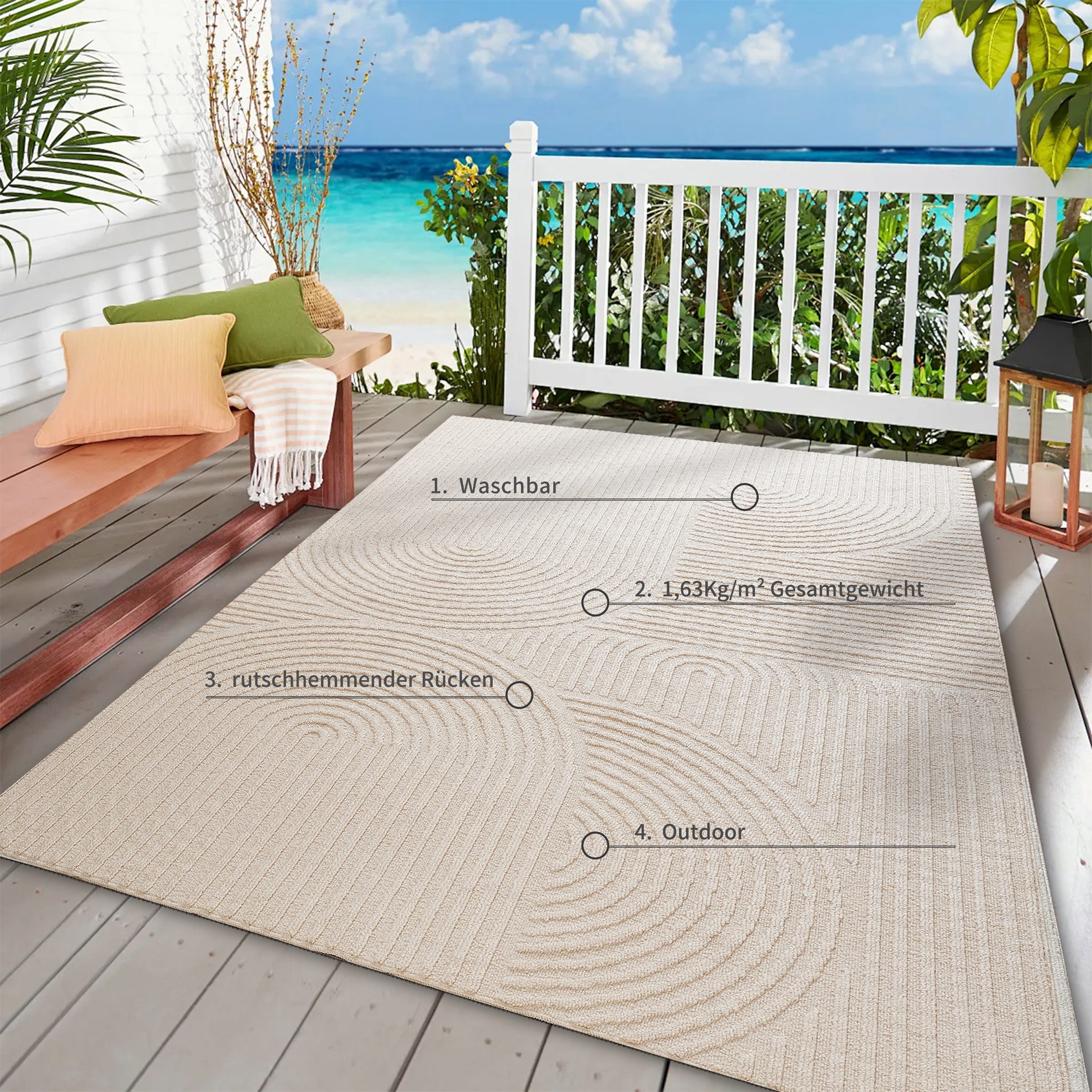 OTTO home Teppich Jola, In- und Outdoor geeignet, Hoch-Tief-Design, Scandi, rechteckig, Höhe: 9 mm, Hoch-Tief-Struktur, Zen, Wetterfest & UV-beständig, Balkon, Camping