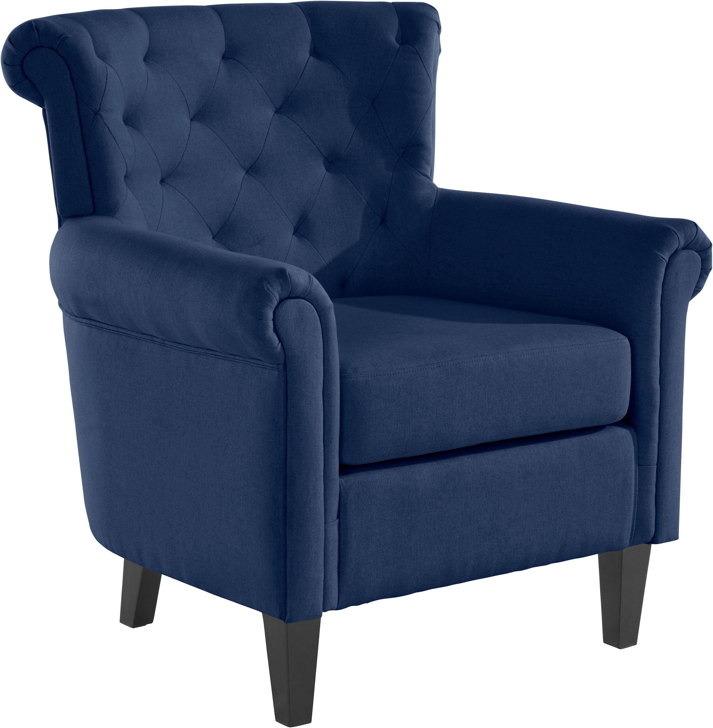 loft24 Sessel Coryn, Stoffbezug mit Diamantensteppung, Sitzhöhe 50 cm, Füße aus Pappelholz blau