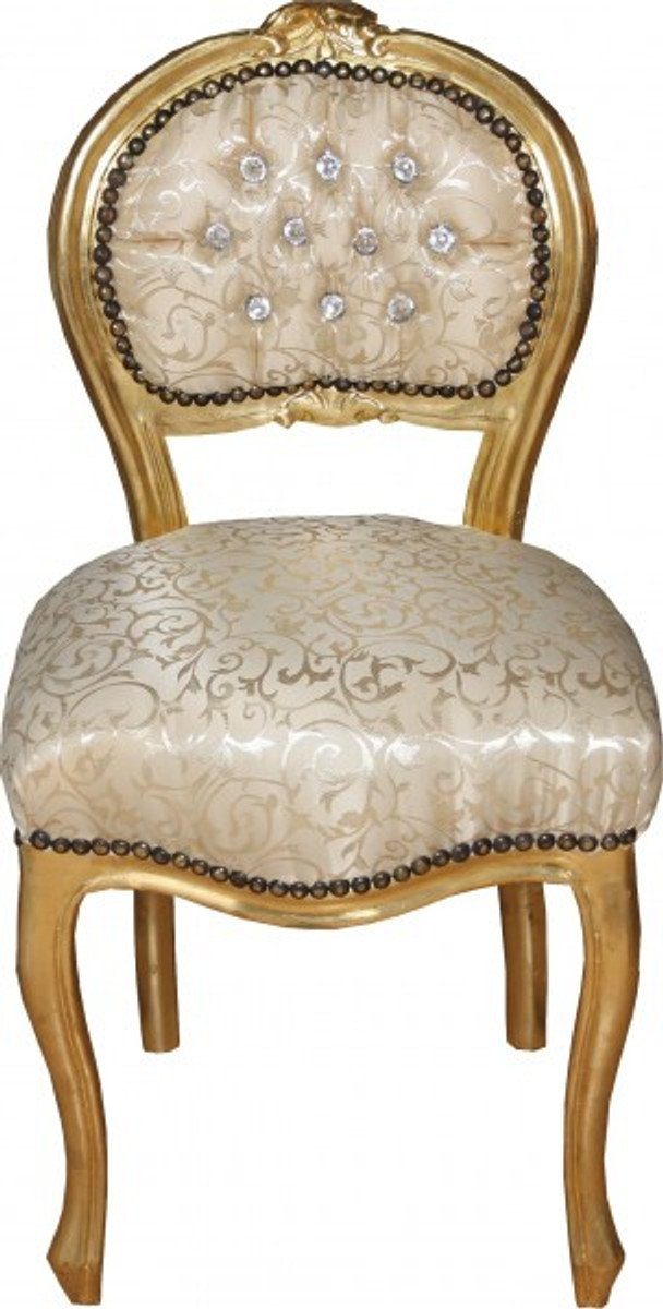 Casa Padrino Besucherstuhl Barock Damen Stuhl Creme Muster / Gold mit Bling Bling Glitzersteinen - Schminktisch Stuhl