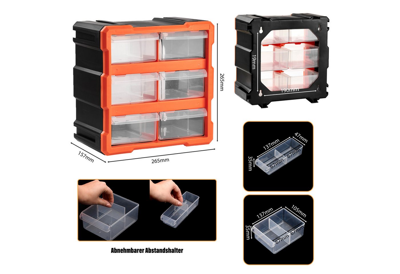 Thumbnail - Nilpferd Werkzeugkoffer Sortierbox Sortimentskasten Kleinteile Organizer mit Schubladen, für die Wandmontage geeignet, s...